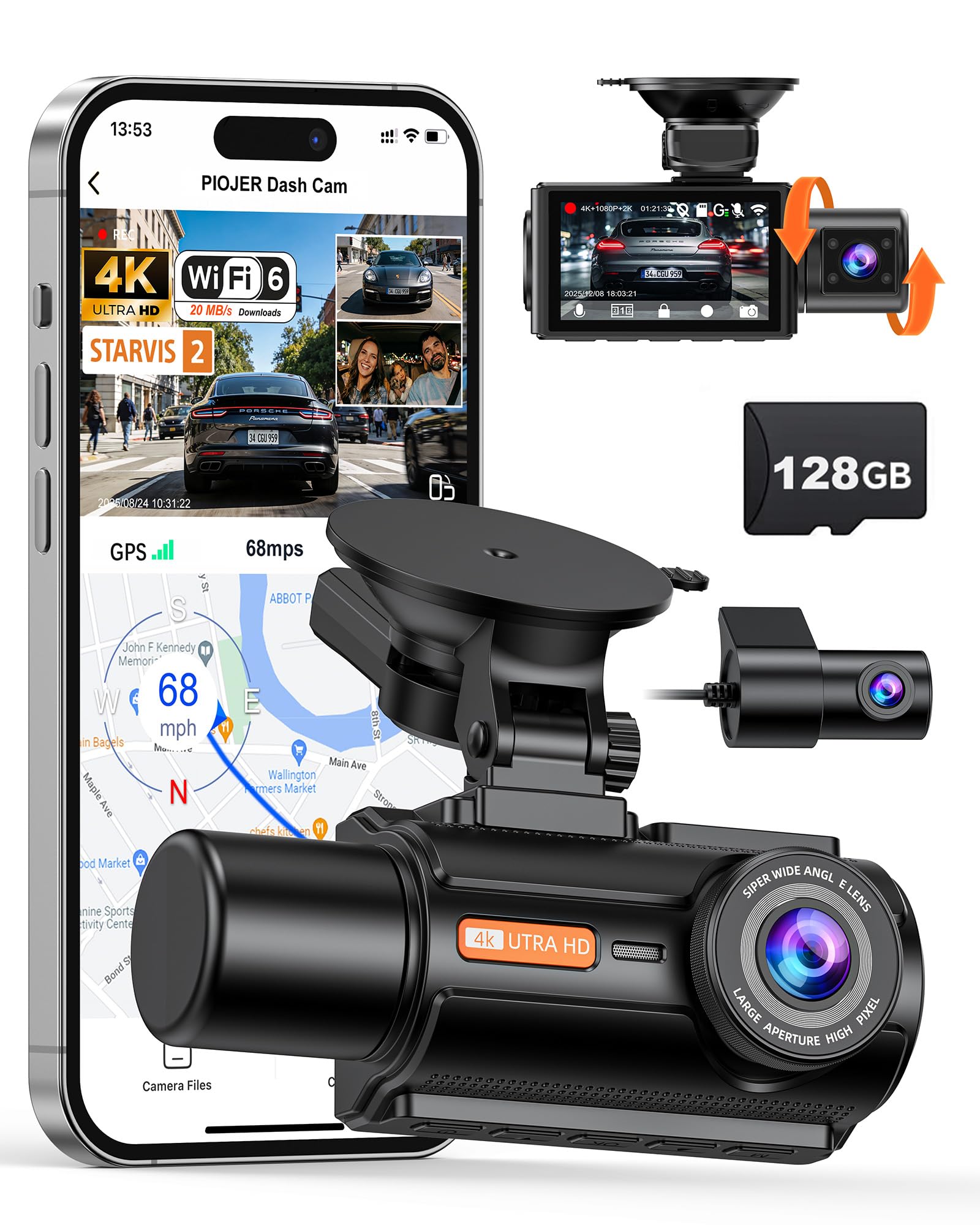 3 Channel 4K Dash Cam with STARVIS 2 Sensor Free 128GB Card and WiFi 6 up to 20MB