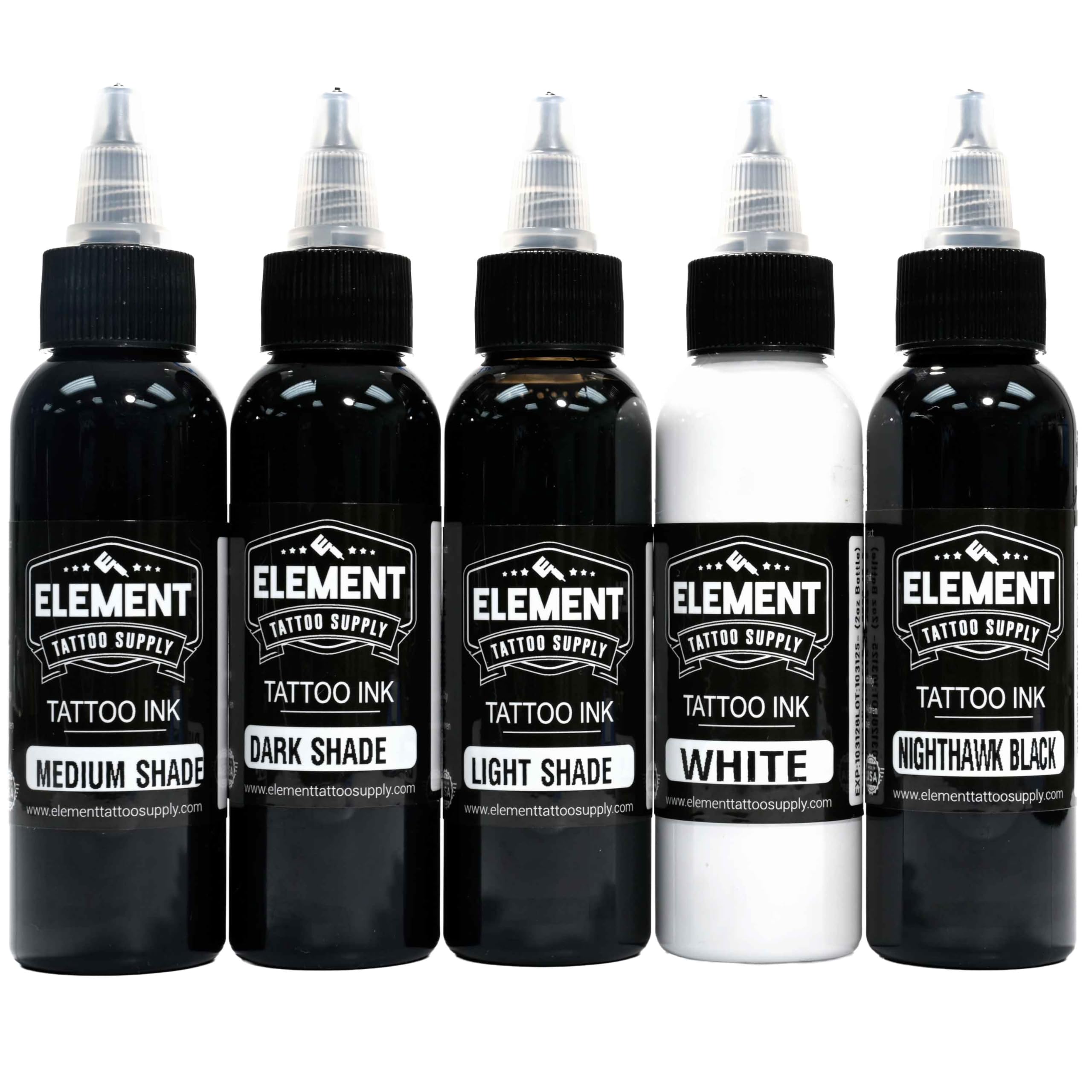 Element Tattoo Supply Greywash Tattoo Ink Set - Professional Tattooing, Light, Medium & Dark Shades, Includes Black & White Solid Inks for Outlining, Shading & Blending, 2oz Bottle (5 Pack)