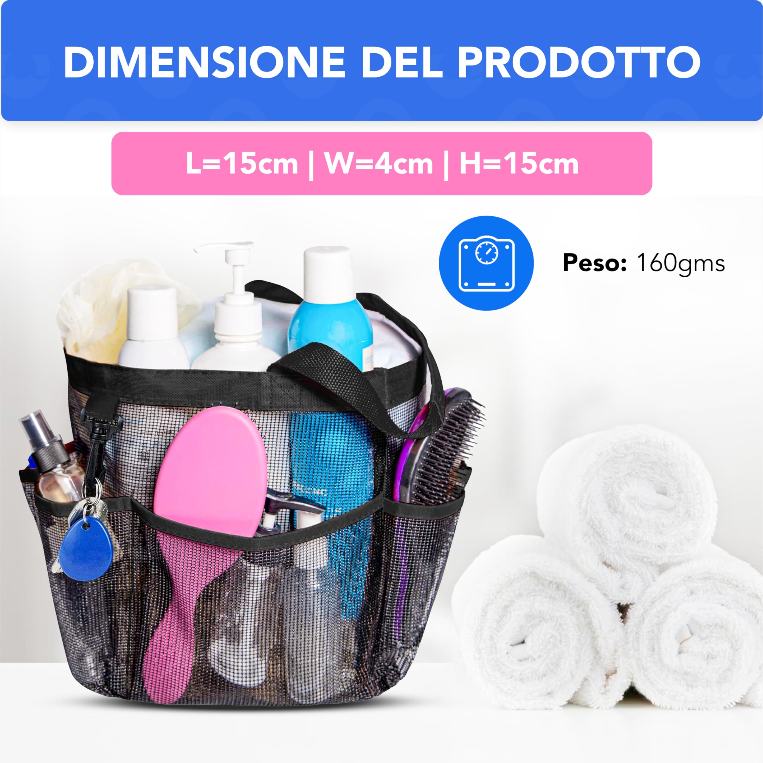 Bamodi Mesh Shower Caddy Basket/Hanging Portable Shower Tote Bag Cestino da doccia a rete – Borsa da toilette trasparente Tote Bag Organizer da appendere – per donne e donne, asta appendiabiti