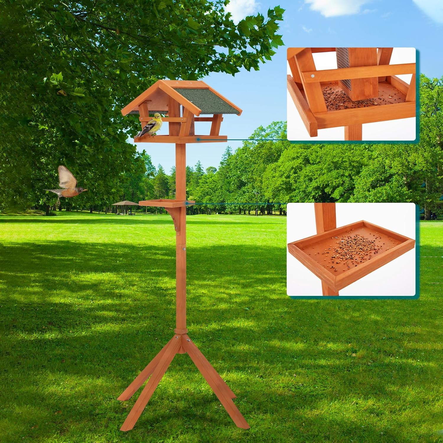 Petsfit Tavoli per uccelli per uso in giardino, mangiatoia per uccelli rialzata da 151 cm, facile da montare, in legno, resistente alle intemperie, con mangiatoie rimovibili e 2 vassoi per mangiatoie