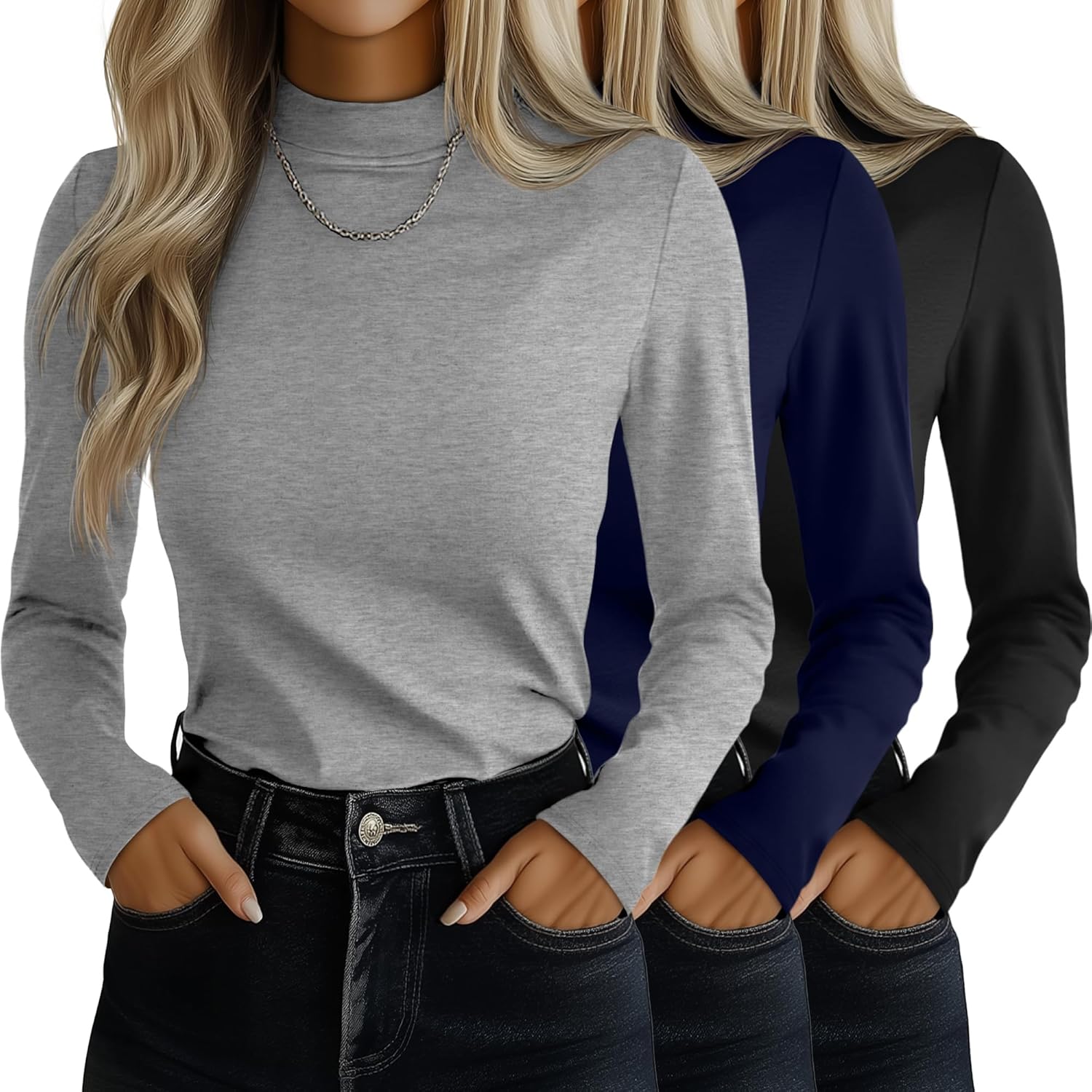 Ficerd 3 Pack Women's Mock Turtleneck Shirts, Long Sleeve Mock Neck Pullover Tops Slim Fitted Stretch Undershirt Tee Blouse