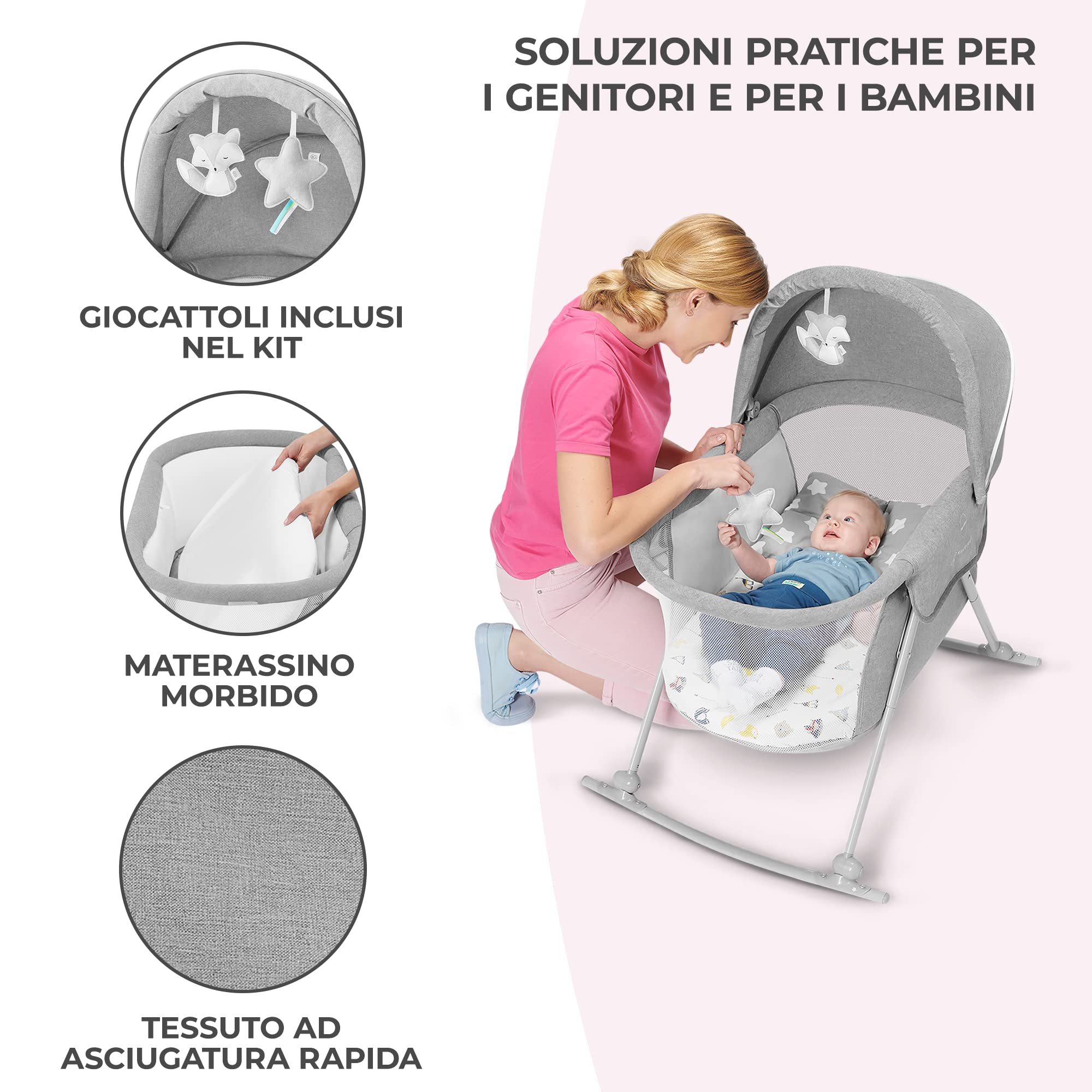 Kinderkraft LOVI Lettino da Campeggio, Culla a Dondolo, Cappottina, Materasso, Pieghevole, per Neonati, 0-9 Kg, Grigio