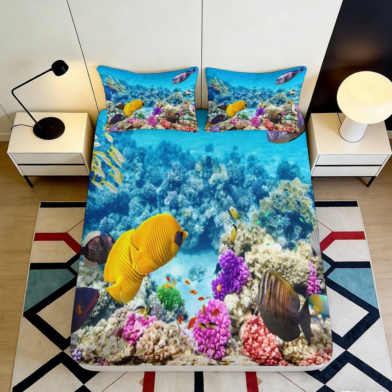 Jqzkxnhpbr Style-9 3D Printed Ocean Coral Fitted Sheet Microfiber Soft Breathable Tropical Fish Bed Cover For Bedroom Guest Room Decor 90X200x25cm