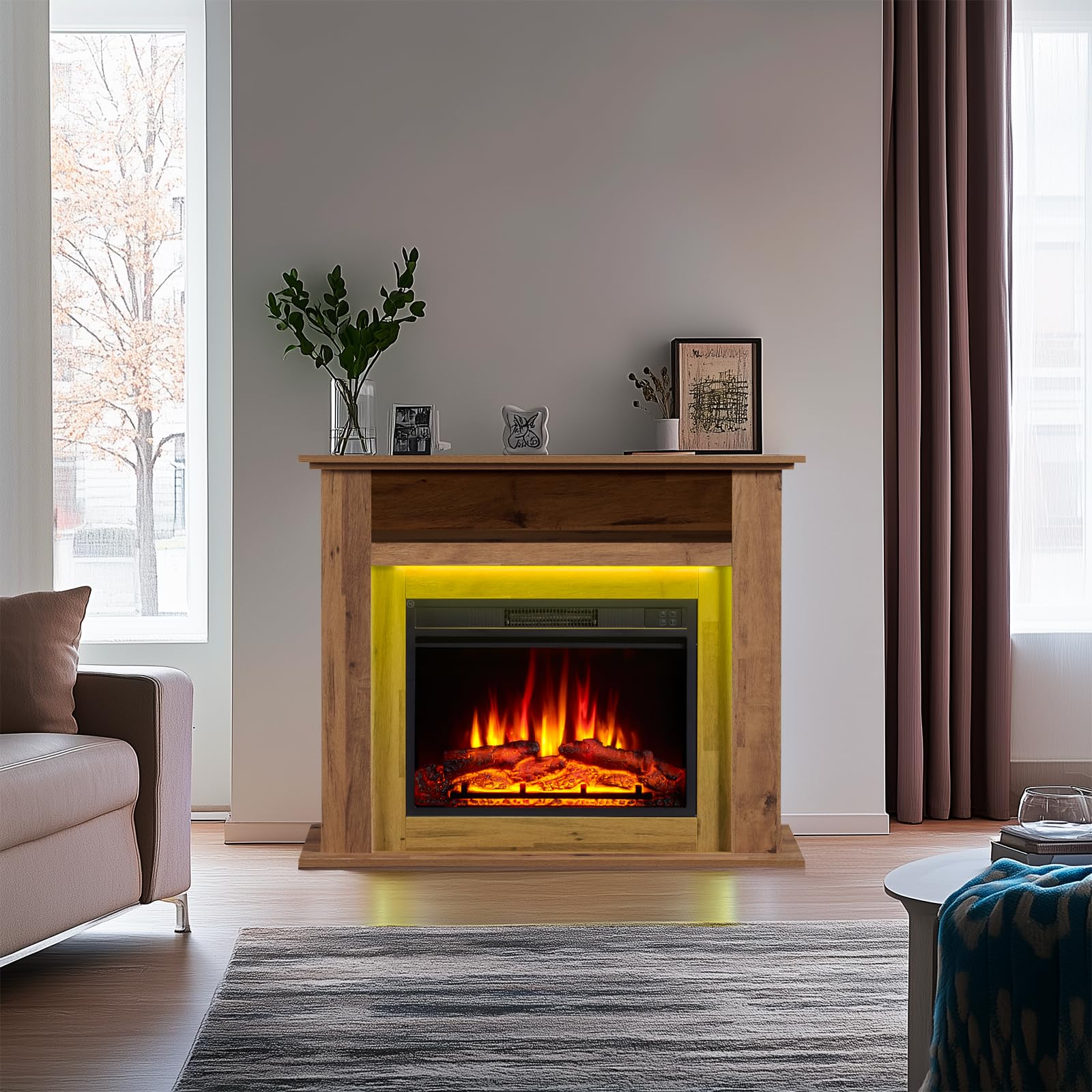 Camino elettrico BALDERIA Liora - Caminetto elettrico con vano portaoggetti, effetto fiamma 3D, illuminazione d'ambiente a LED, riscaldamento 2000W, timer, termostato, telecomando - rovere scuro