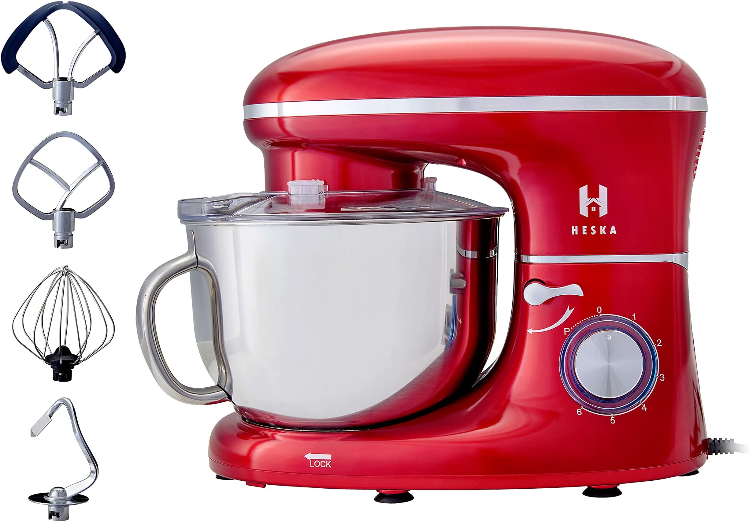 Heska -1500W Food Stand Mixer for Baking with Bowl, Dough Mixer, 4-in-1 Beater/Whisk/Dough Hook and Extra Flex Edge Beater - Large Mixing Bowl with Splash Guard (Dishwasher Safe attachments)(Red)