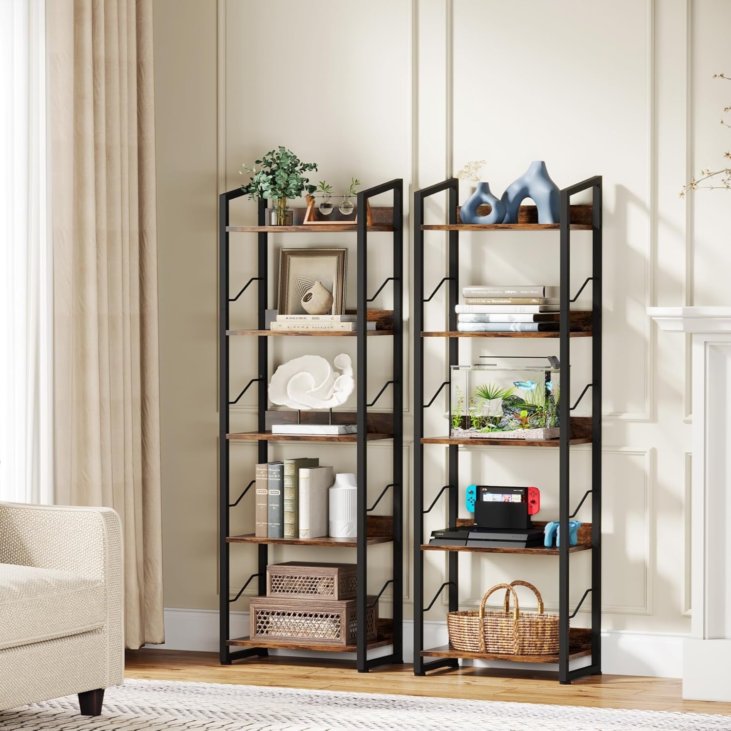 Hosfais 5 Tier Tall Bookshelf: Industrial Wood Book Shelf with Edge Protection Metal Narrow Bookshelf Bookcase Storage Organizer Display Rack for Living Room Home Office (Rustic Brown)