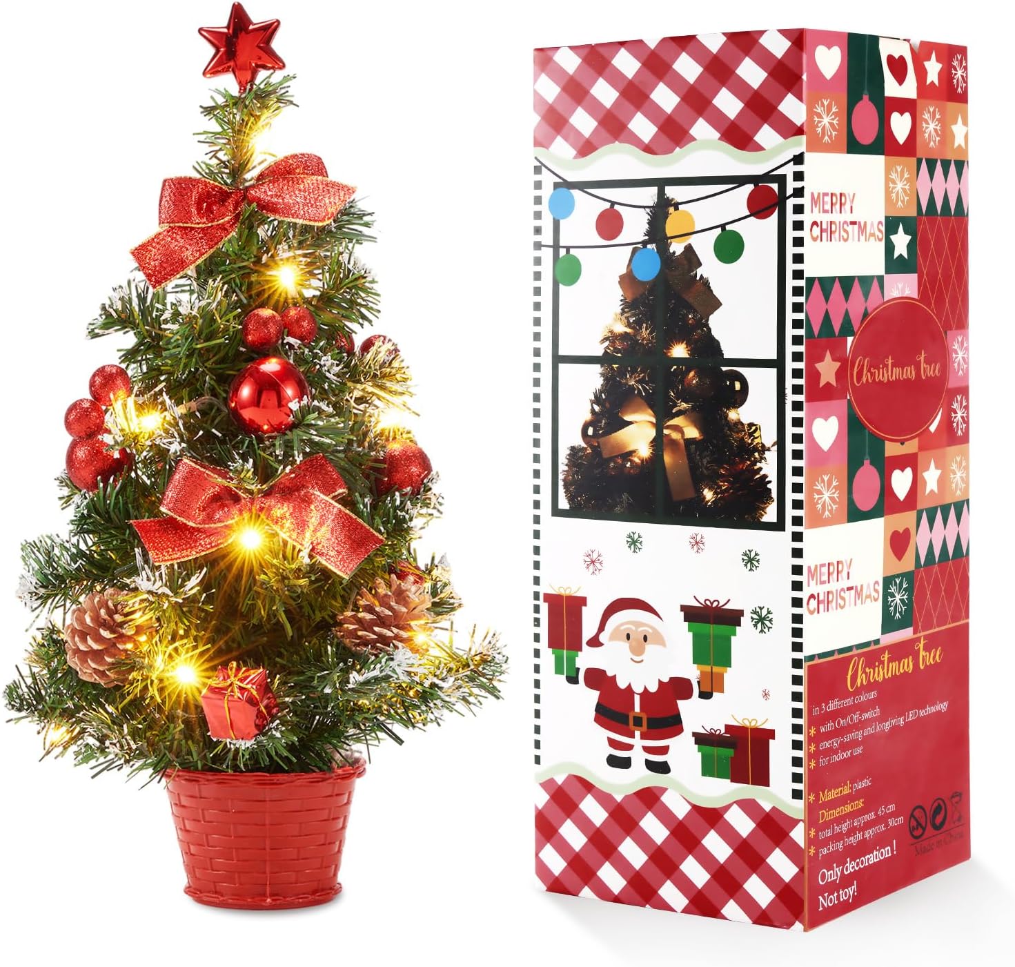 ESHOO 18 Inch Small Christmas Tree with Led Lights,Mini Desktop Decoration Xmas Tree with Lights, balls,Ornaments (Red)