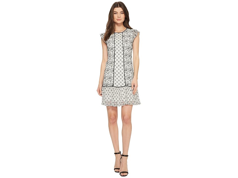 

Adrianna Papell Twin Lace Flutter Sleeve Shift (Ivory/Black) Women's Dress
