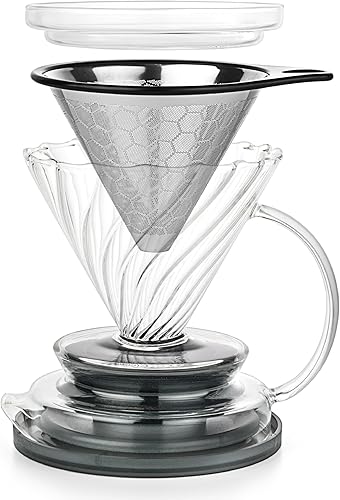 Cafetera vertida Gotero de vidrio de borosilicato con filtro reutilizable de acero inoxidable, cafetera ecológica manual, estación de café no