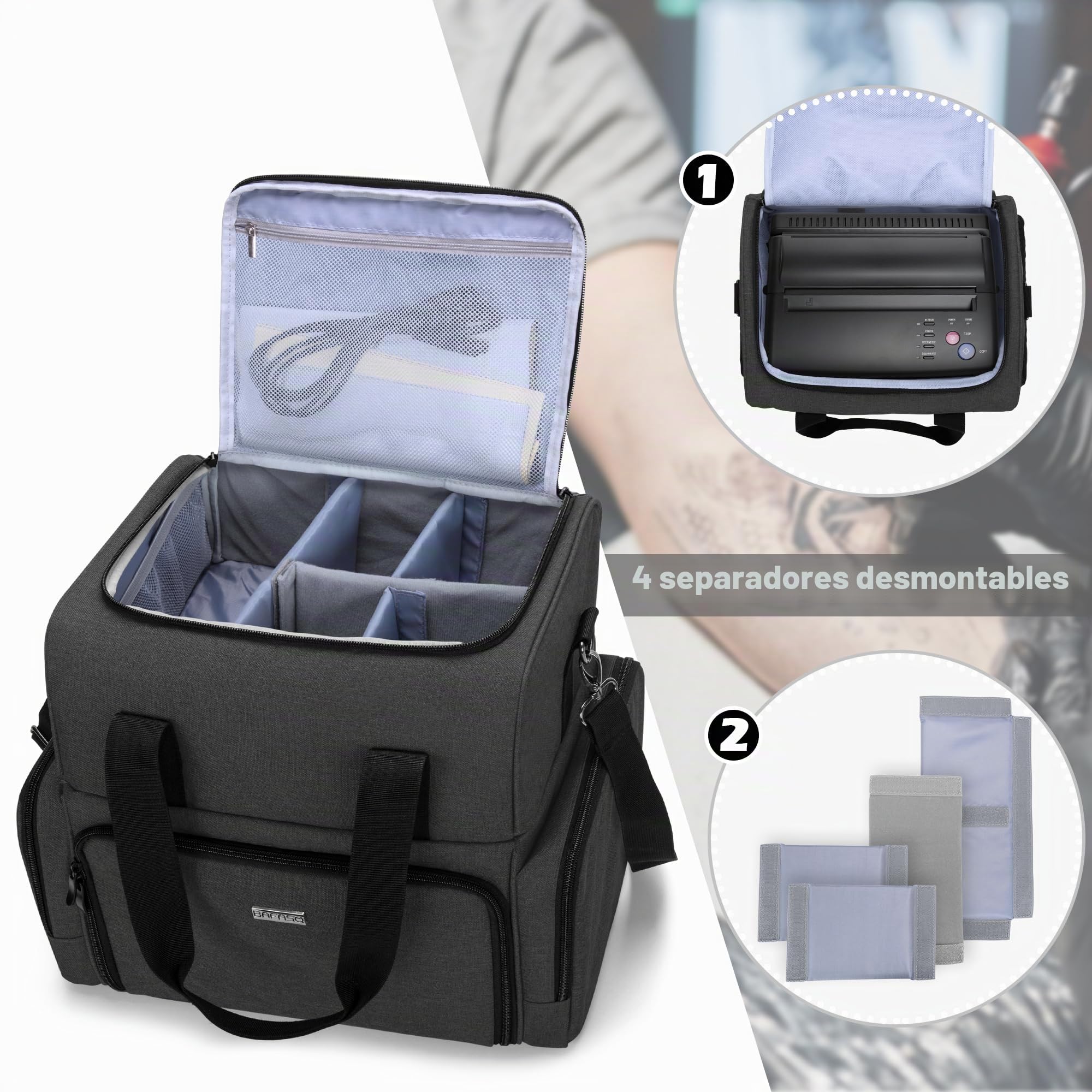 BAFASO Estuche de Transporte para Tatuajes, Bolsa para Tatuajes, Negro | Organizador de Suministros para Tatuajes con 3 Bolsillos Extraíbles, y Suministros de Tatuaje (Solo Bolsa)