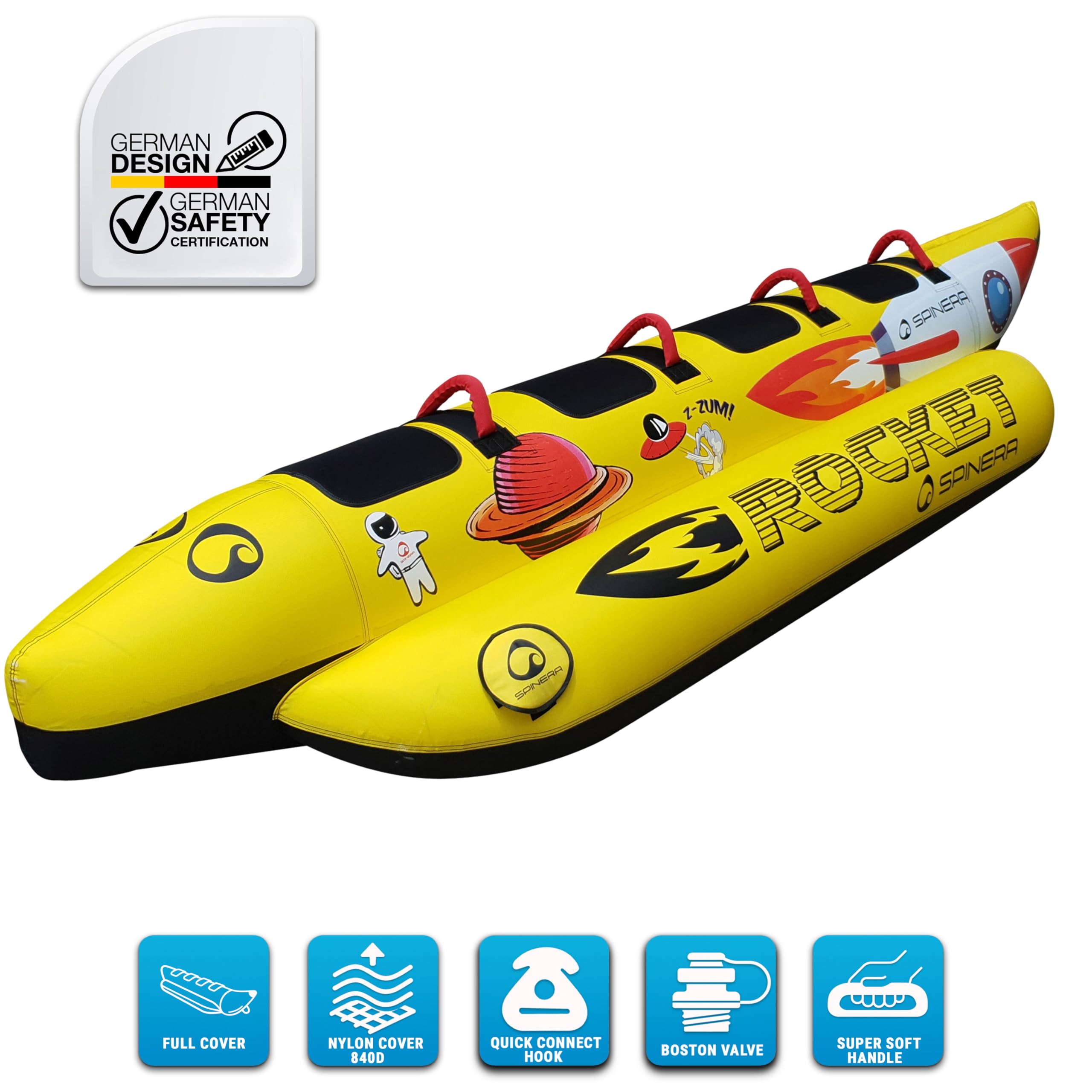 SPINERA Rocket 2 3 4 Towable Banana Tube für 2–4 Personen aufblasbares Wassersport-Tube Neopren-Handgriffe Nylonhülle 3-Kammern-System