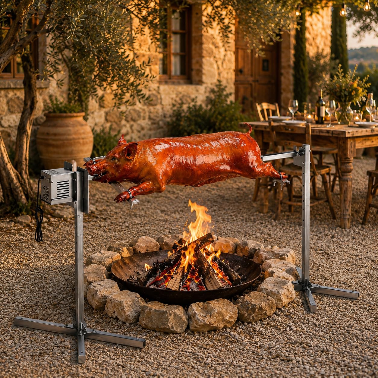 Tornepin eléctrico para barbacoa, soporte de asador de acero inoxidable 134 cm, rotación 360° 2,5 rpm, altura ajustable 5 niveles, carga 40 kg, para camping jardín, pollo, carne de pescado