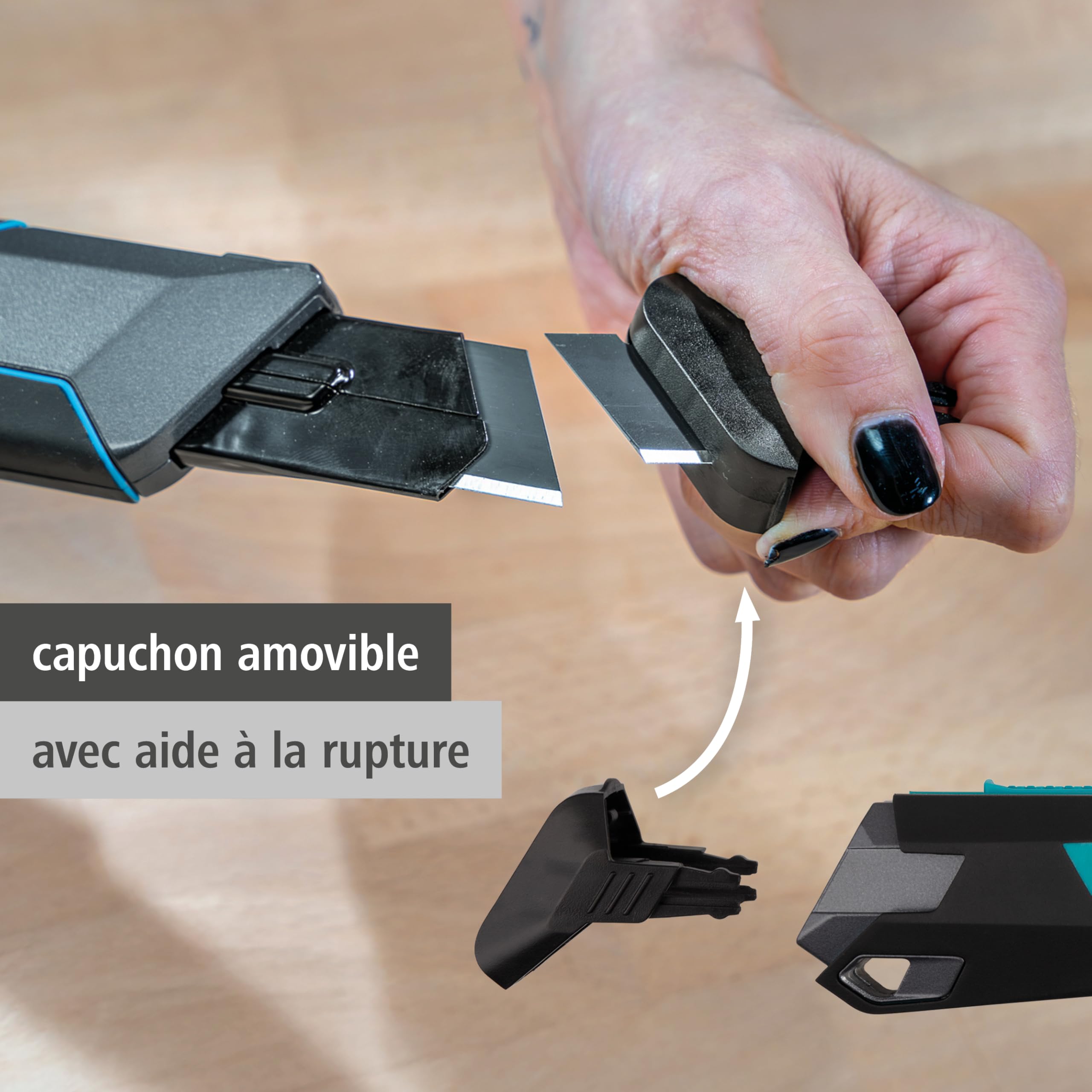 wolfcraft 4291000 - Cutter à lame sécable PRO SAFETY, 25 mm - Cutter professionnel ultra-tranchant avec une ergonomie optimale pour les gauchers et les droitiers