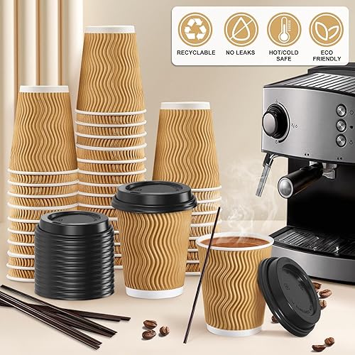Miniatura 4 de 80 juegos Tazas de café desechables de 16 onzas con tapas y pajitas tazas de café para llevar tazas de papel corrugado tazas de pared con ondas de