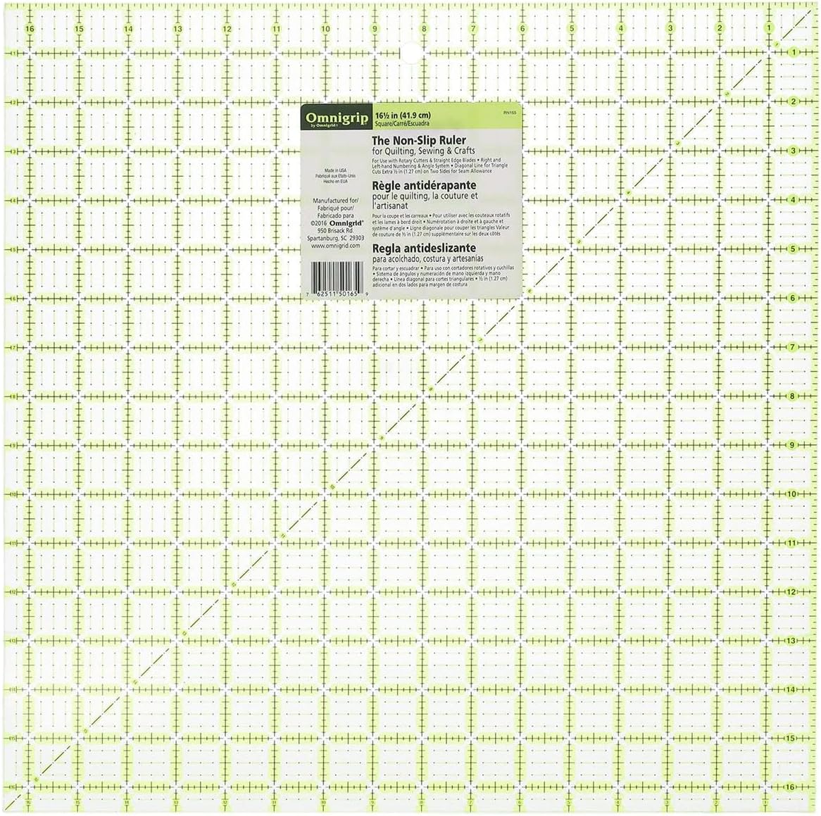Omnigrip Non-Slip Quilter'S Ruler-16.5 16.5-inch, Green, 16-½" x 16-½"