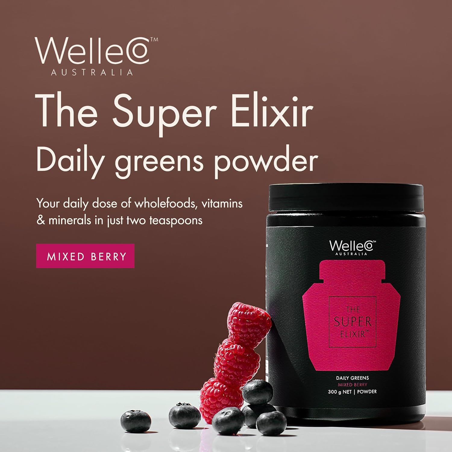 WelleCo The Super Elixir Daily Greens Powder, Probiotic Drink Mix with Whole Foods, Gluten Free, Vegan Gut Health Powder, Energy, Immunity, Healthy Skin, Hair & Nails (300g, Mixed Berry) - Image 4