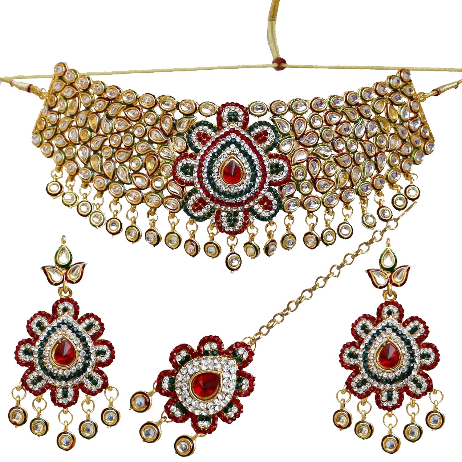 Lucky Jewellery Fancy Maroon Green Color Kundan Gold Plating Choker Necklace Set For Girls & Women (1271-TSK-117-MG)