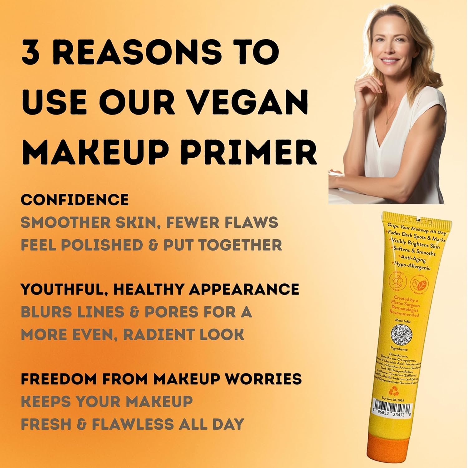 Face Primer For Makeup, Brightening & Illuminating, Evens Skin Tone, All Skin Types, Fragrence Free, Vegan, 1fl oz - Image 3