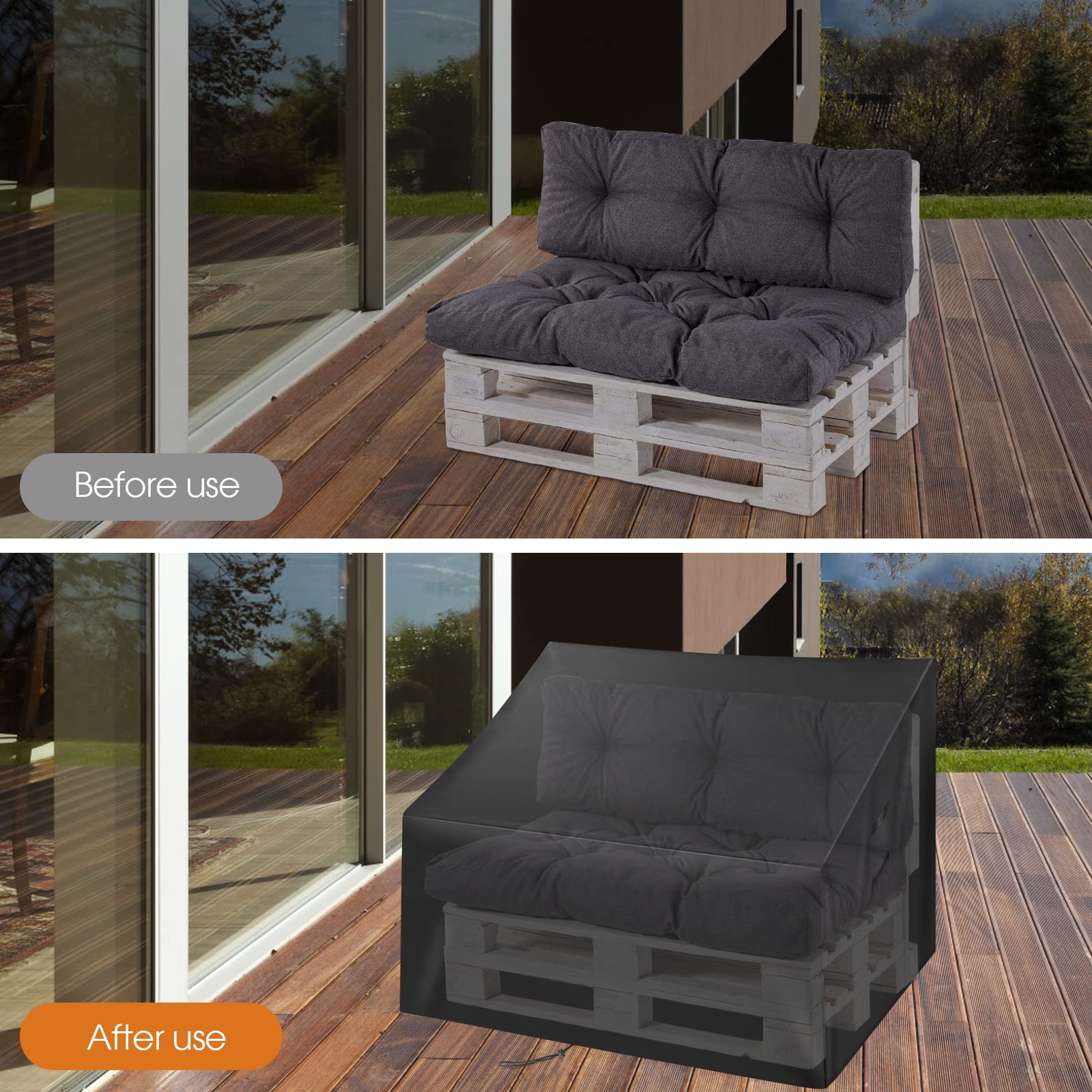Palettenbank Abdeckung Wasserdicht, 420D Paletten-Sofabezug für Tiefe 2-Sitzer Palettenbank, Garten, Terrasse, Balkon (128x85x80cm), Schwarz