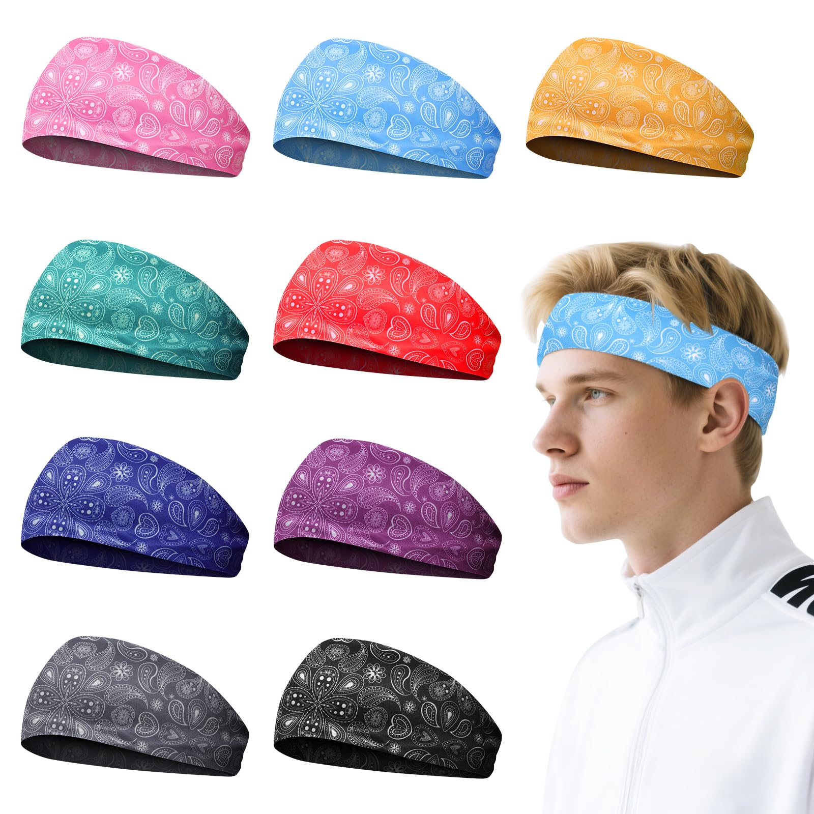 Sports Headband for Men 9 Pack Sweat Headbands for Men Running Workout Headbands Wide Sweatband Mens Stretchy Headband for Running Cycling Football Basketball Yoga