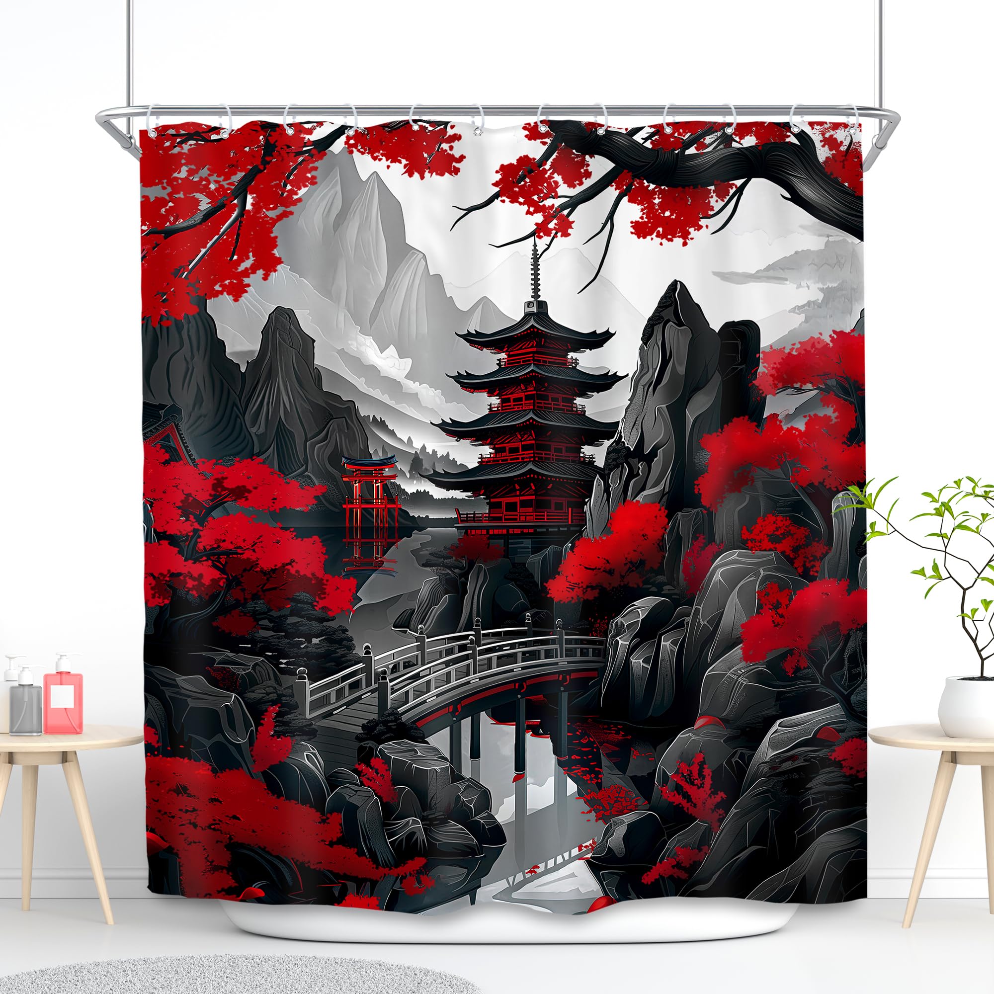 SVBright Japanese Shower Curtain 72Wx72L Inch Asian Black Red Cherry Blossom Anime Floral Watercolor Chinese Flower Mountain Nature 12 Pack Hooks Polyester Waterproof Fabric Bathroom Bathtub Panels