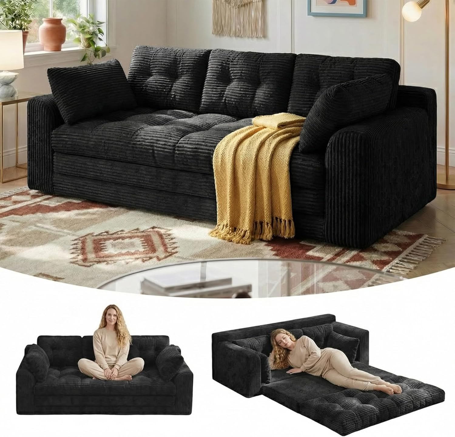 Homkdom 3 Seater Convertible Folding Sofa Bed, Pull Out Sleeper Sofa with Pillows,Foldable Floor Couch Comfy Lounge for Small Space Living Room Bedroom, Black