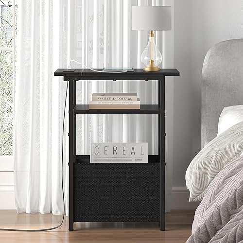 Miniatura 6 de Juego de 2 mesas auxiliares estrechas con estación de carga, mesa auxiliar pequeña para espacios pequeños, juego de 2 mesitas de noche delgadas con