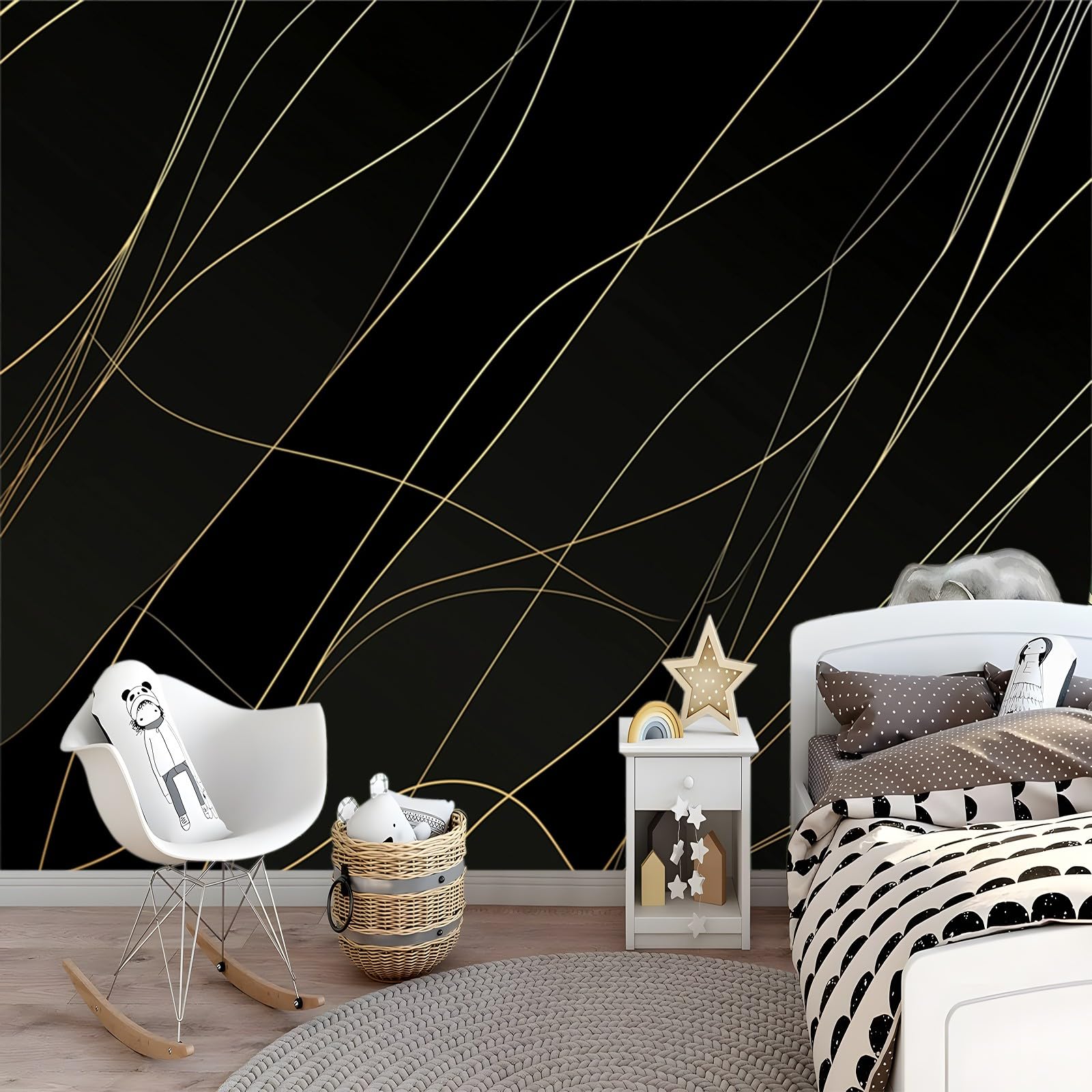 Fototapeta 350 x 256 cm, złote linie, geometryczny efekt 3D, wysokiej jakości XXL, nowoczesna dekoracja ścienna, tapeta, czarna tapeta z włókniny, do salonu, sypialni, biura