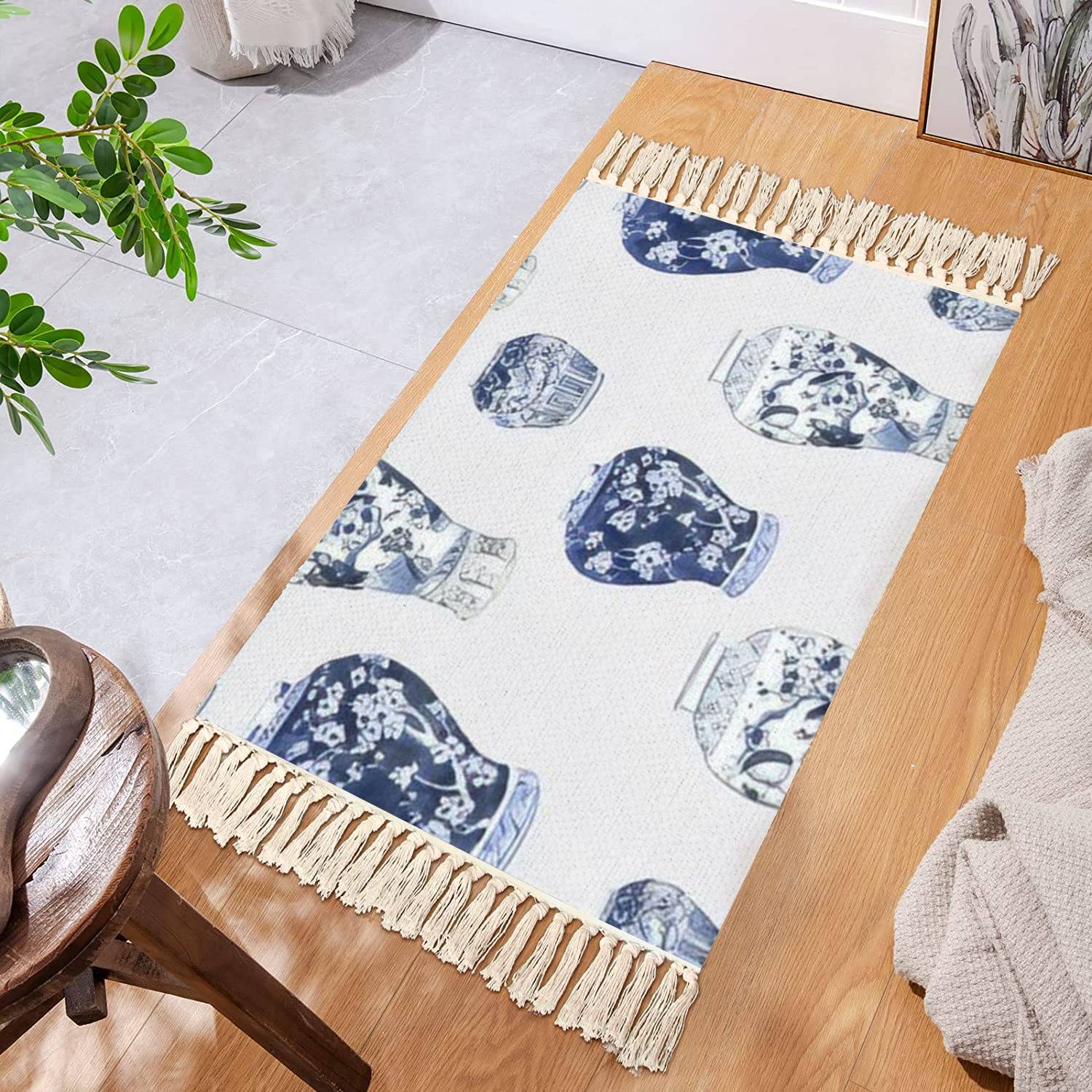 Boho Kid Bedroom Playroom Nursery Area Rugs Seamless Drawn Watercolor Chinese Blue White Ginger Jars Big Tassels Carpet Patio Hallway Runner Mat Pad Home Decor Living Room Indoor Outdoor
