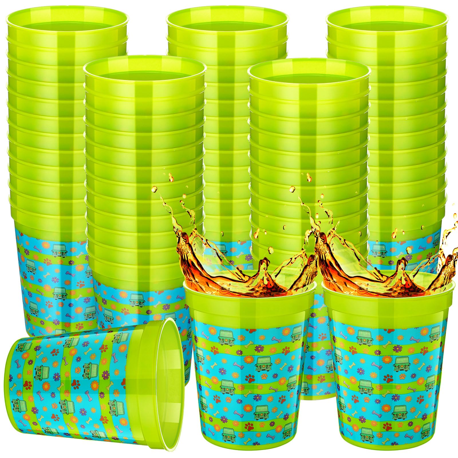Qinyoung 24 Pack Car Theme Party Favor Cups Plastic 16 oz Cartoon Dog Bus Daisy Flower Dog Paw Design Cups for Birthday Party Favors Supplies