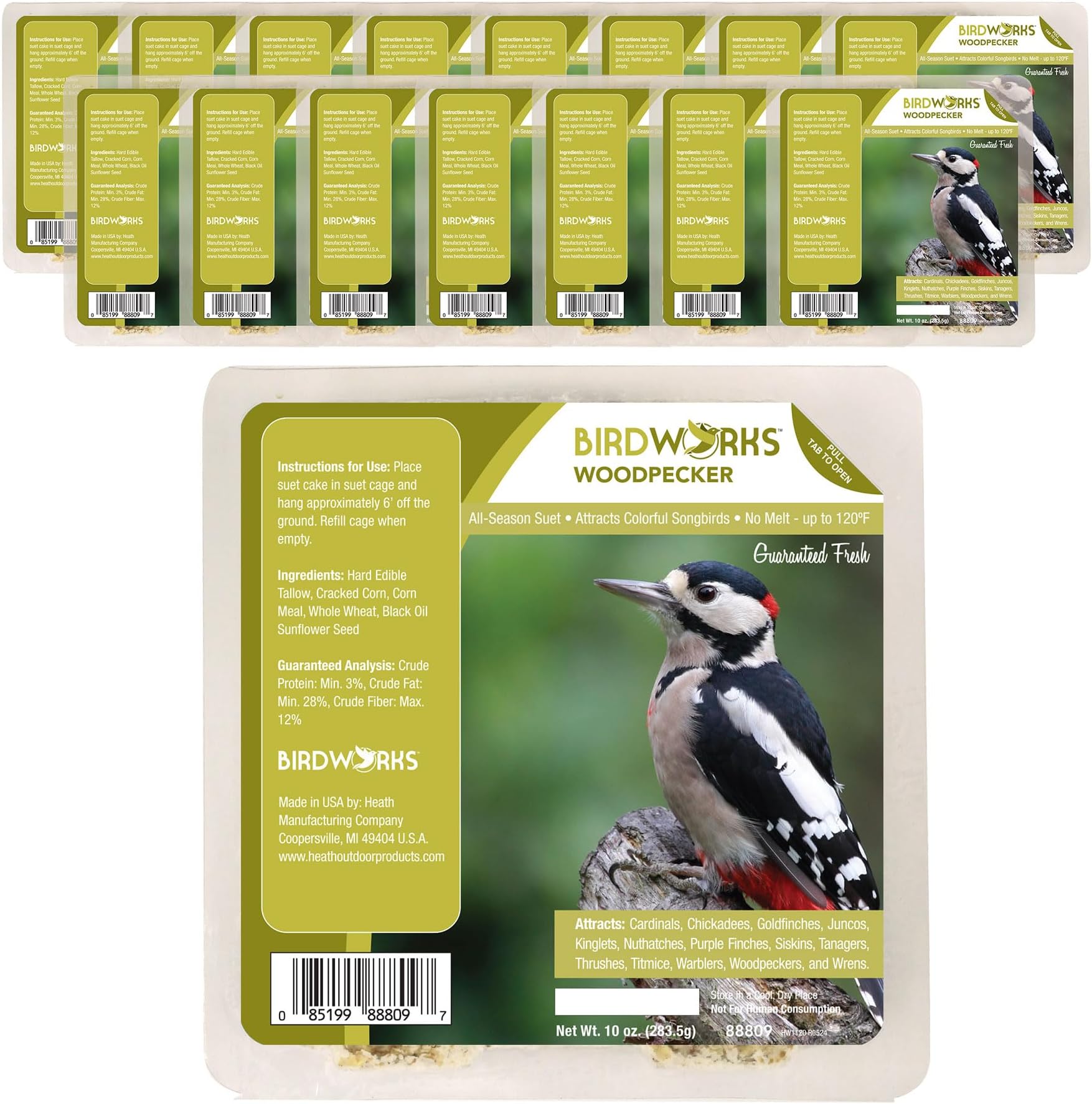 Woodpecker All Season No Mess Suet Cake Birders Pack, Food for Woodpeckers, Cardinals, Siskins, Sparrows, Finch's & Many More Wild Birds & More - 10oz Suet Feeder, (Pack of 16)