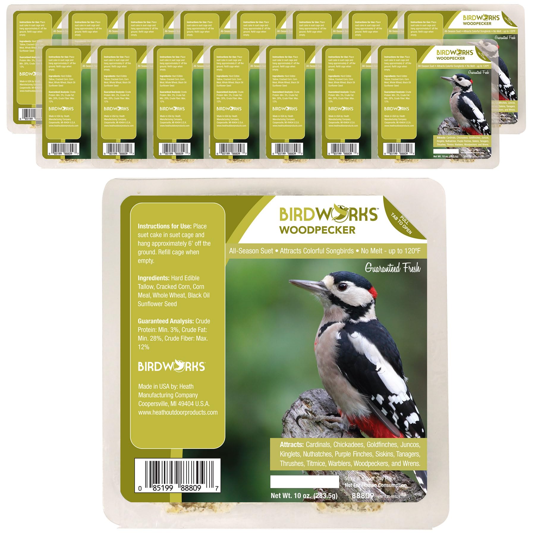 Heath Outdoor Products Woodpecker All Season No Mess Suet Cake Birders Pack, Food for Woodpeckers, Cardinals, Siskins, Sparrows, Finch's & Many More Wild Birds & More - 10oz Suet Feeder, (Pack of 16)