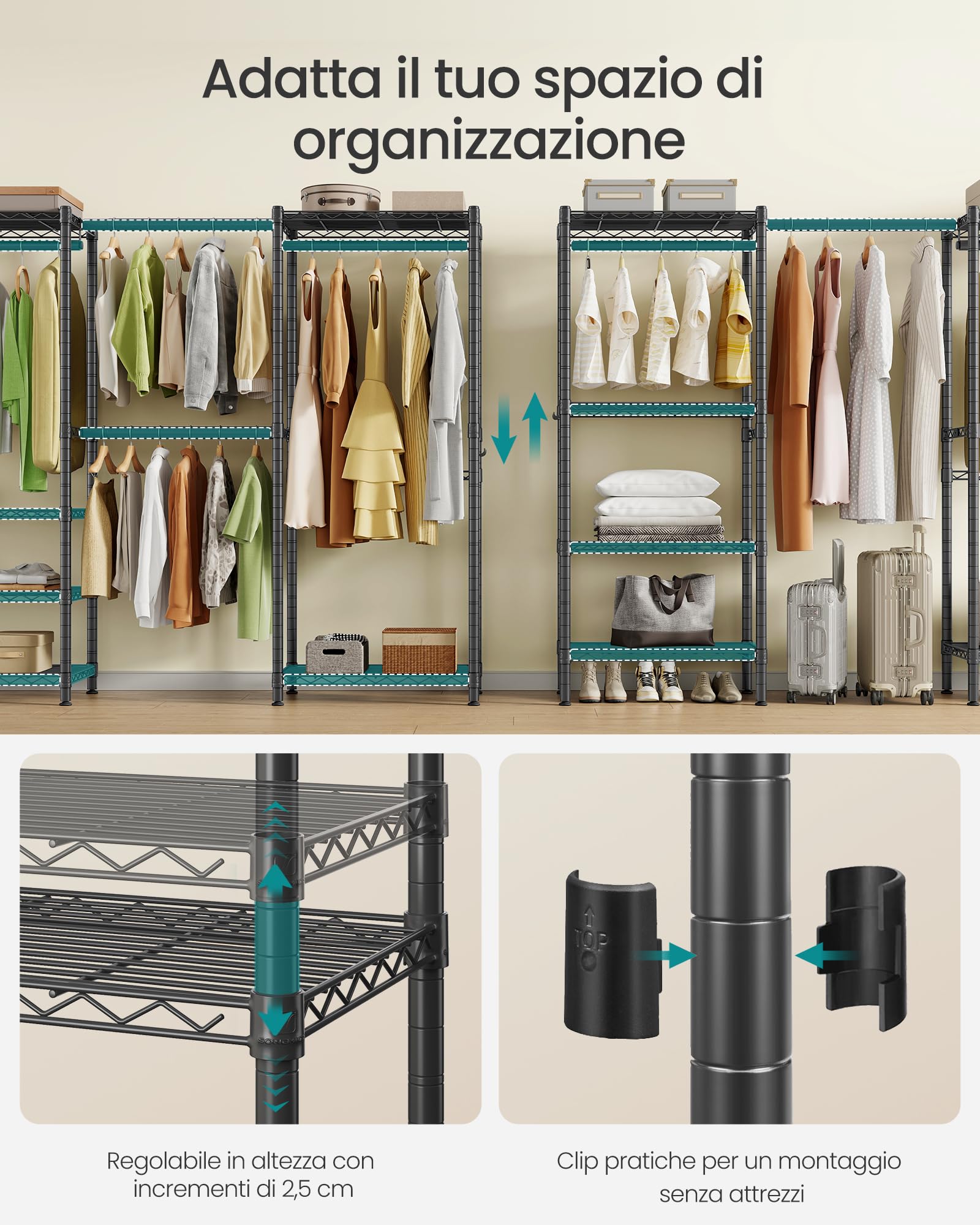 SONGMICS Appendiabiti per Carichi Pesanti, Armadio Portatile con Ripiani in Rete Regolabili e Barre Appendiabiti Estensibili, Ganci, 40 x (177-220) x 193 cm, Nero Inchiostro LGR438BH01