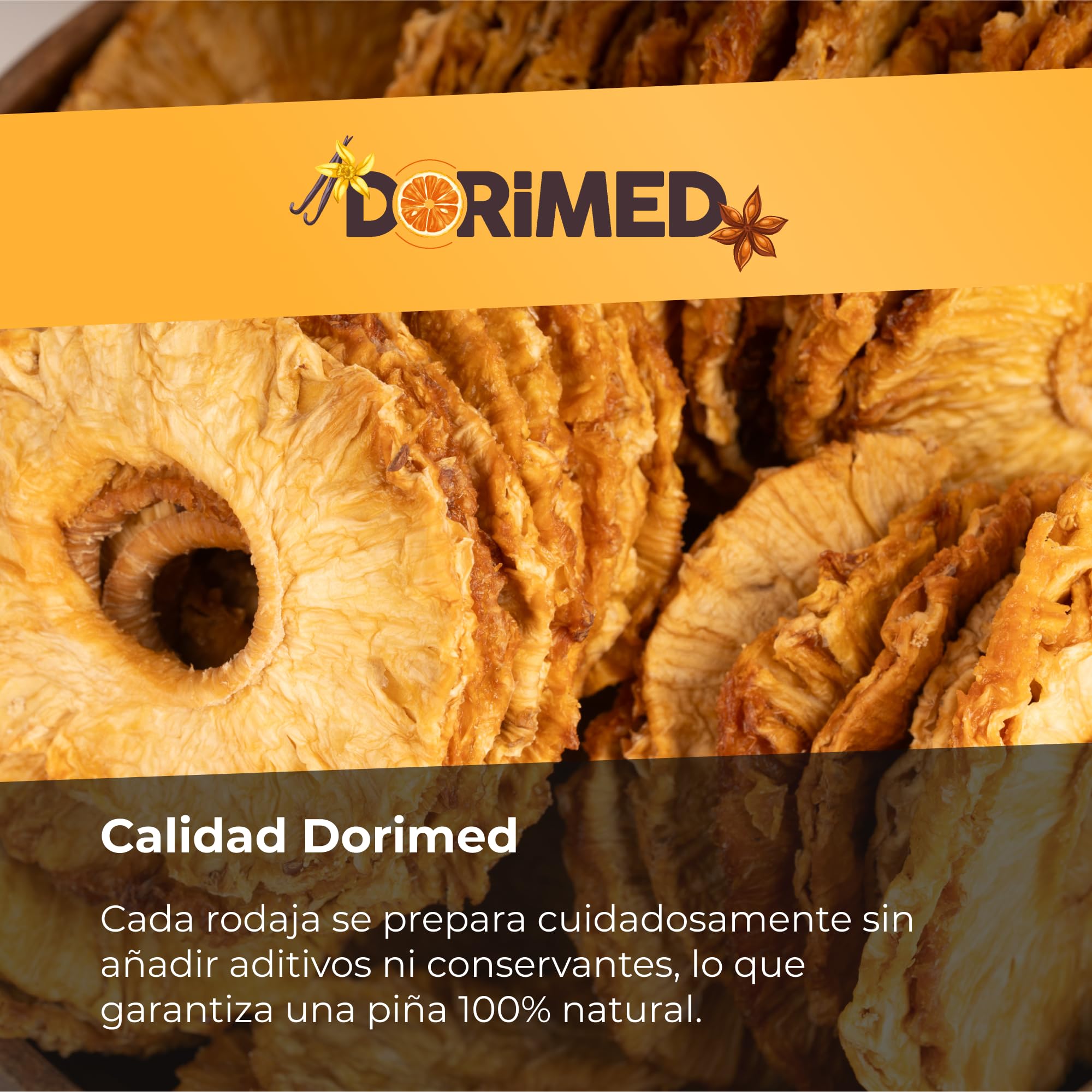 Piña Seca Deshidratada | 1 Kg de Anillos de Piña de Origen 100% Natural | Trozos Sin Azúcar Añadida ni Adicionada | Rodajas Desecadas | Sin Gluten | Vegana y Vegetariana | Dorimed