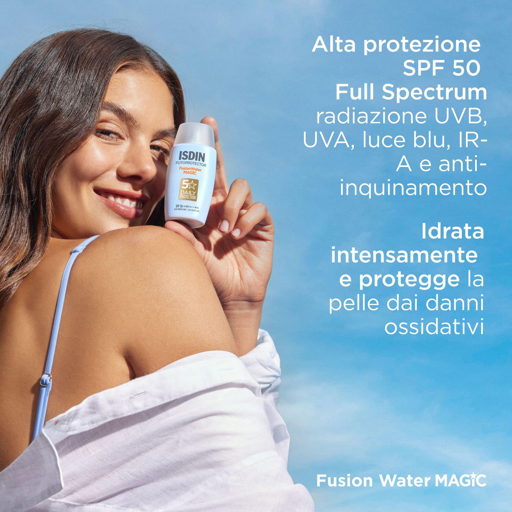 ISDIN Fusion Water MAGIC SPF 50 (50 ml) | Crema Solare Viso a Base Acquosa per l'Uso Quotidiano | Texture Ultra-leggera