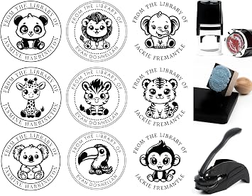 Custom Book Stamp for Kids Animal Theme | Personalized Name Stamp with Elephant, Lion, Koala, Monkey Cute Ex Libris Stamp for Childrens Library, Books, Classroom, or Gifts