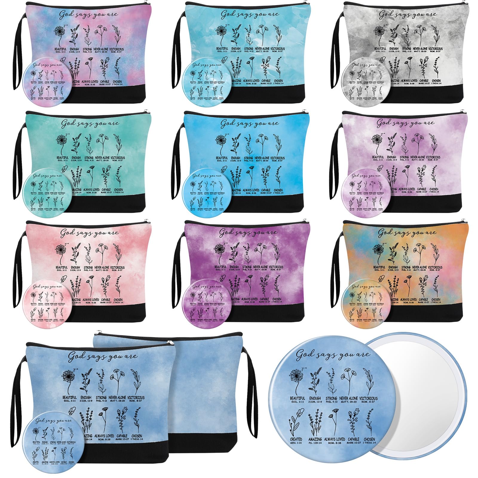 Kacctyen 20 Sets Christian Gift for Women Christian Makeup Bag Religious Pocket Compact Mirror Inspirational Mother's Day Bible Verse Cosmetic Bag
