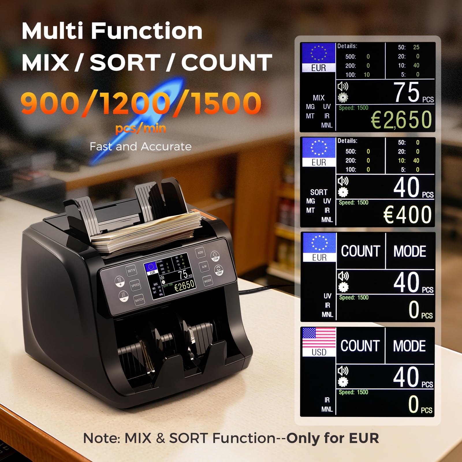 Bonvoisin Conta Banconote, Conteggio del Valore per Banconote Miste in Euro con Rilevamento di Contraffazione UV/MG/IR/MT, 1500 Pezzi/min, Macchina Conta Soldi Professionale con TFT e Display Esterno