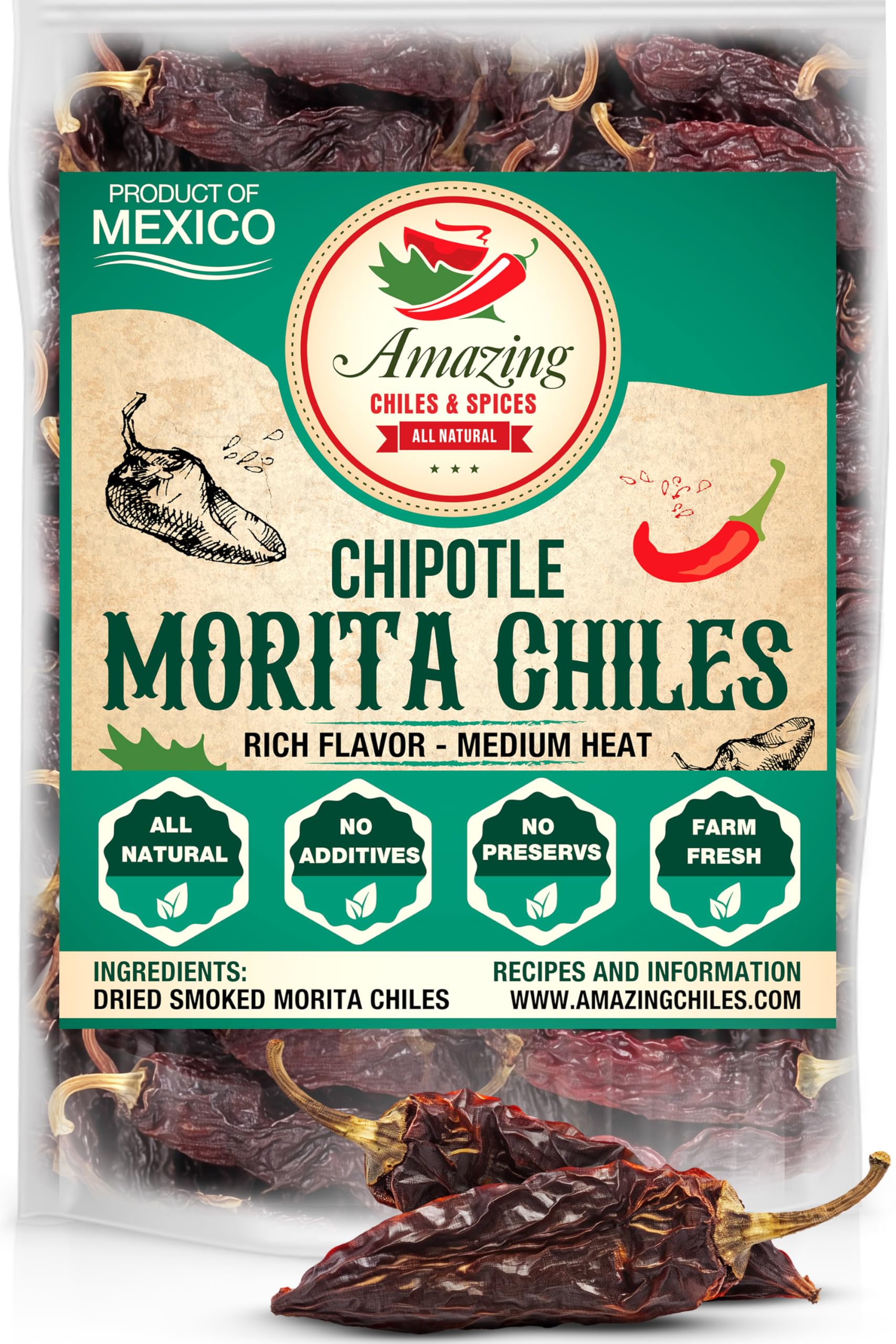 Dried Chipotle Morita Chile Peppers 4 oz – Robust Smokey Flavor, Use For Mexican Recipes, Mole, Sauces, Tamales, Salsa, Meats, Stews. Medium to High Heat - Resealable Bag. By Amazing Chiles and Spices