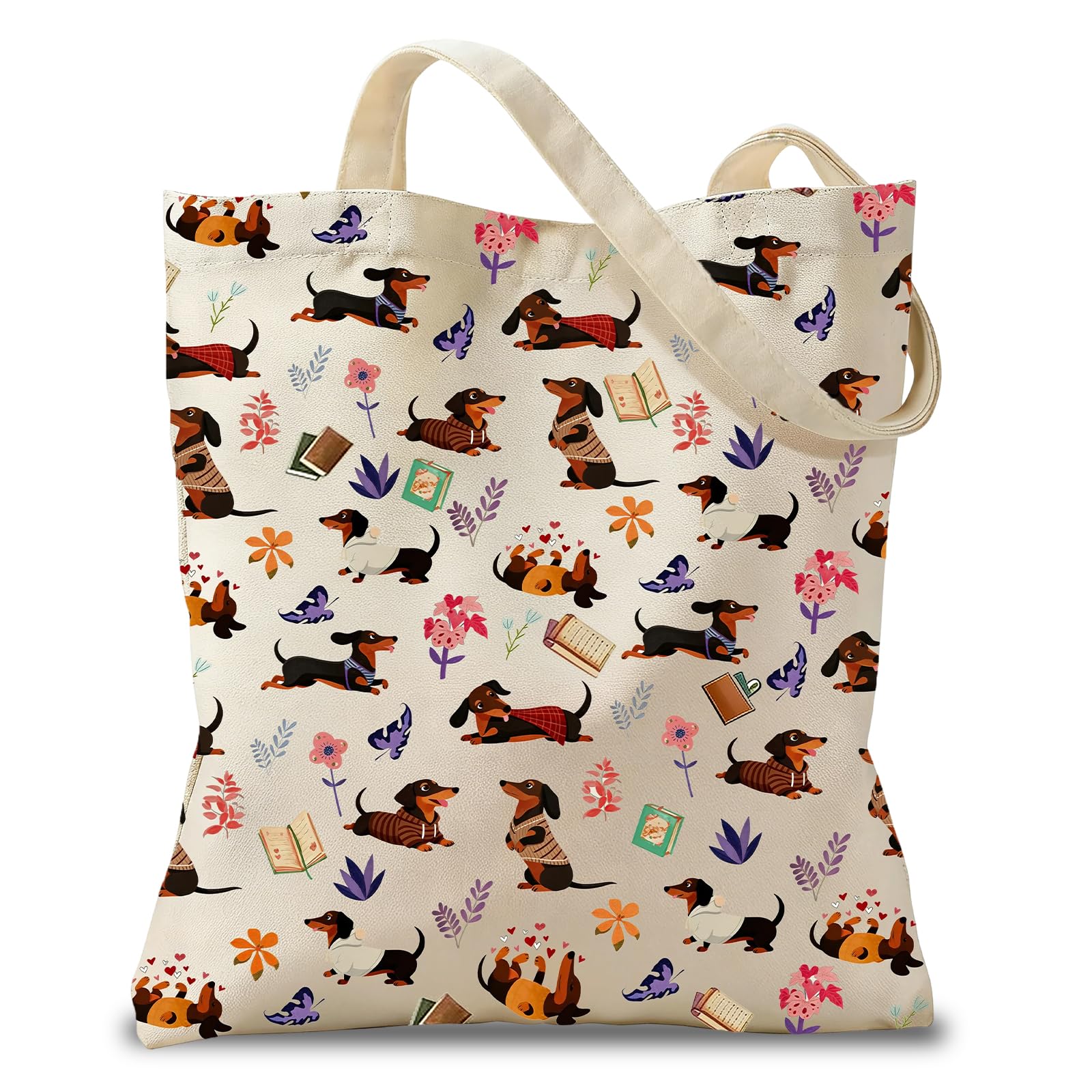 Komergave Dachshund Canvas Tote Bag, Double-Sided Printed Funny Pet Dog Pattern Shoulder Bag, Cute Dachshund Gifts for Women Dog Lovers, Large Capacity Reusable Handbag for Shopping Travel Work Beach