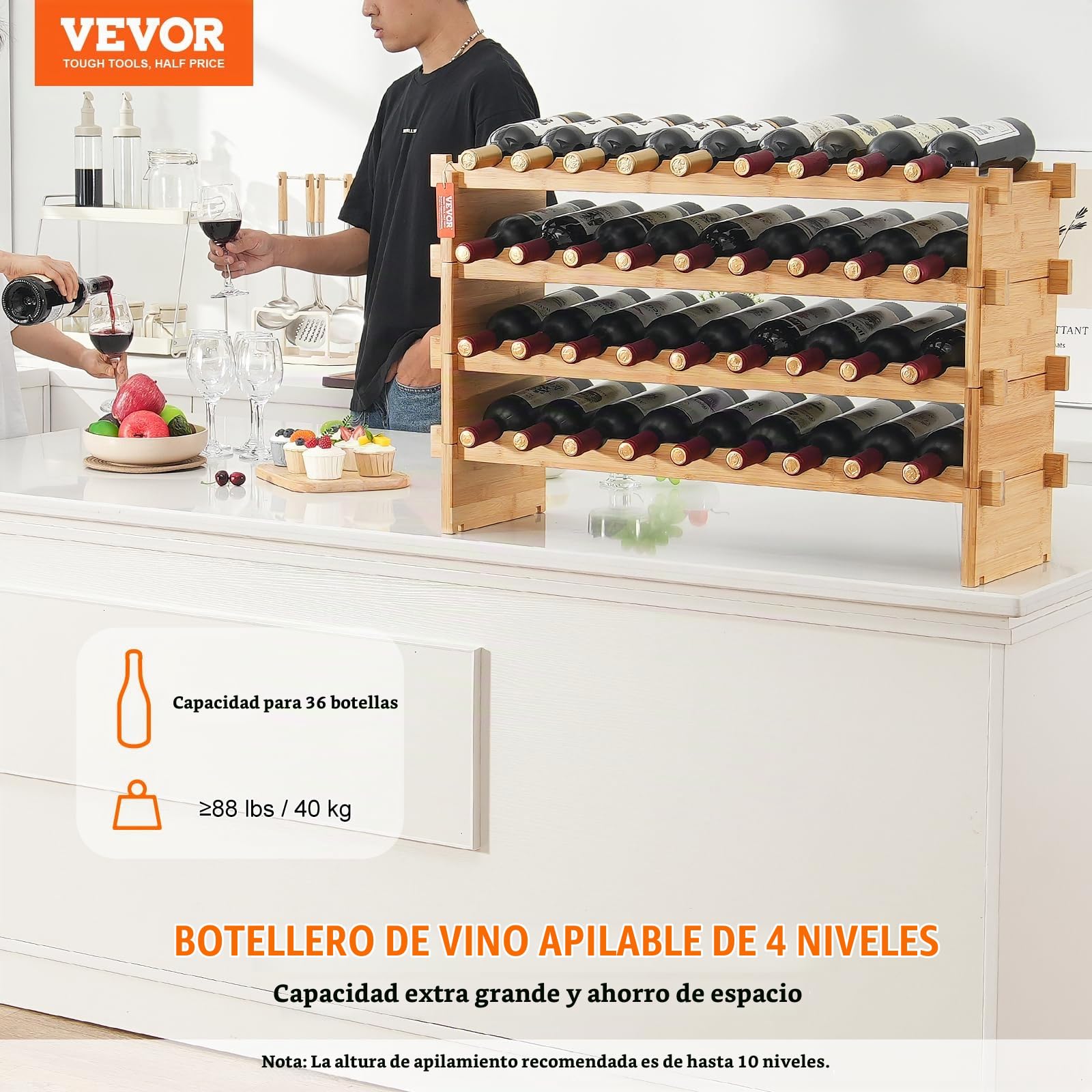 VEVOR Botellero Apilable de Vino 36 Botellas Estante de Almacenamiento de Bambú 850x250x525 mm Botellero Independiente de 4 Niveles Estantes sin Sacudidas para Cocina, Bar, Bodega, Color Natural