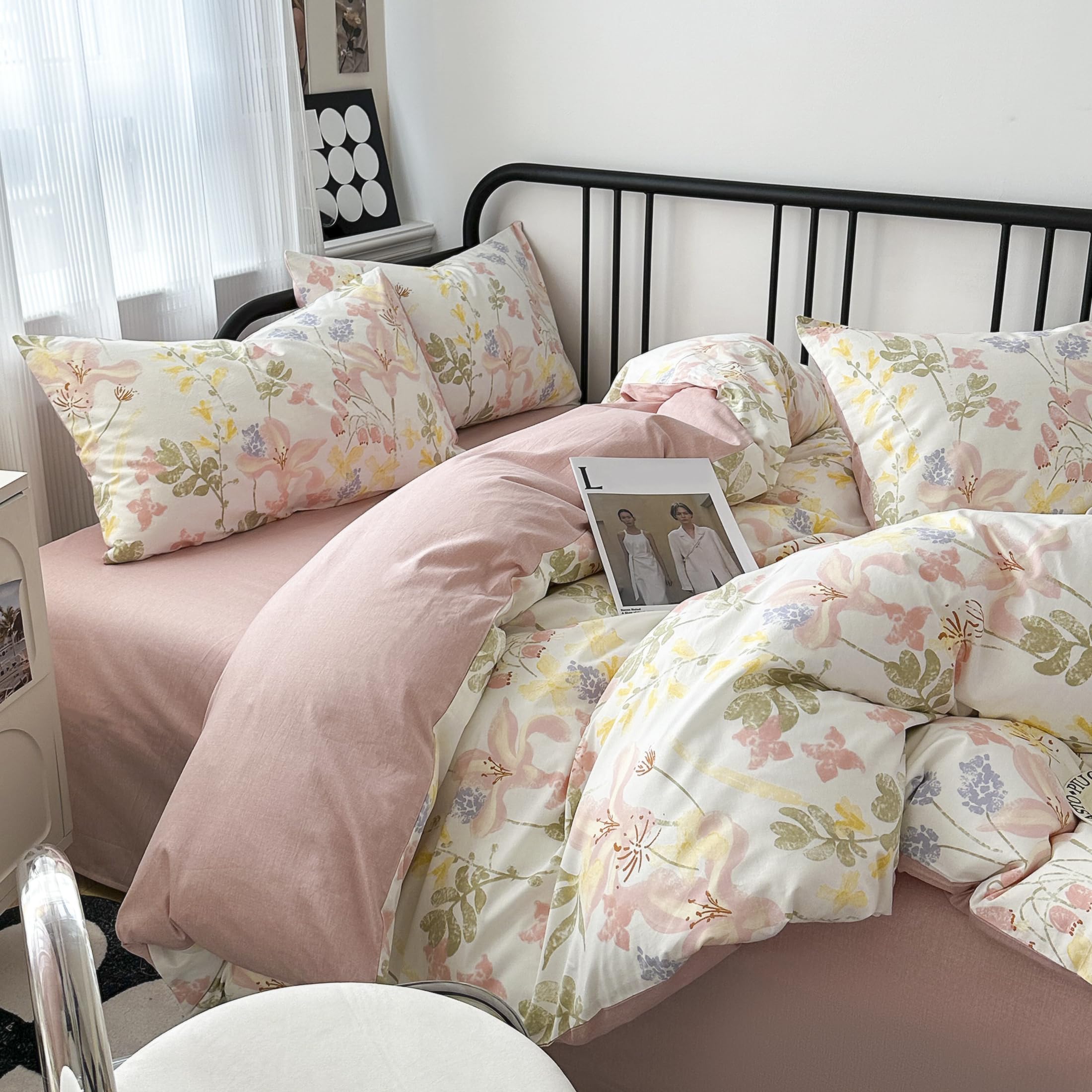 GETIYA Romantisch Blumen Bettwäsche 200x200 Baumwolle Bettwäsche Damen Mädchen Bunt Blumen Muster Bettbezug Doppelbett Blümchen Floral Muster Bettwäsche mit 2 Kissenbezug 80x80