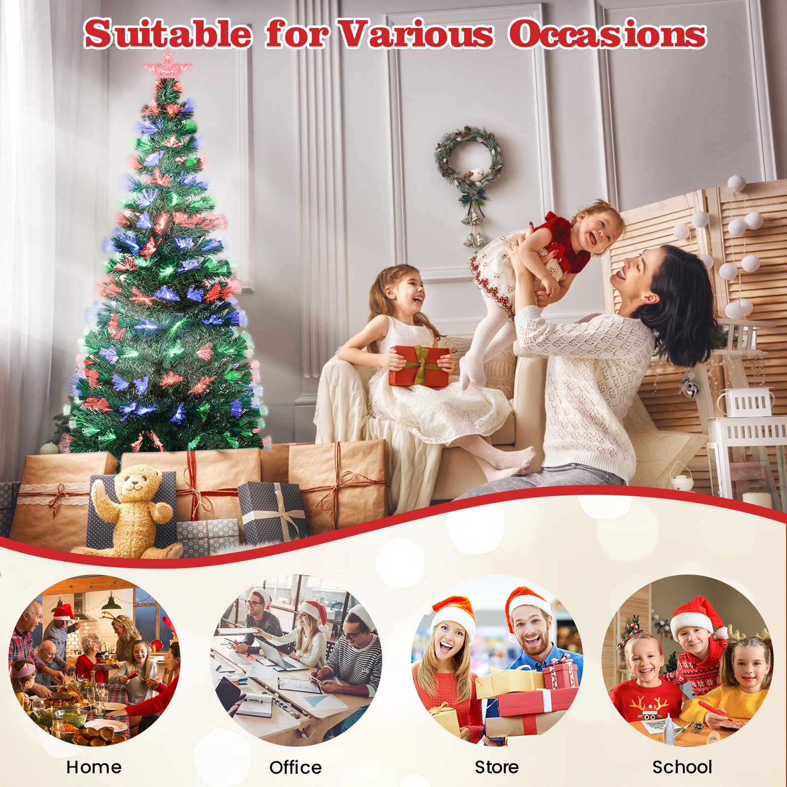 Sapin de Noël Artificiel Uten de 1,5 m avec Pointe en PVC de 170 mm, lumière en Fibre de Verre 3 Couleurs, 8 Modes, Support en métal, décoration de Noël pour l'intérieur
