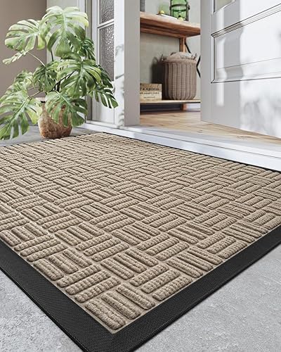 Miniatura 1 de DEXI Tapete grande para puerta delantera, interior y exterior, de goma resistente, impermeable, de perfil bajo, 2 x 4 pies, color beige