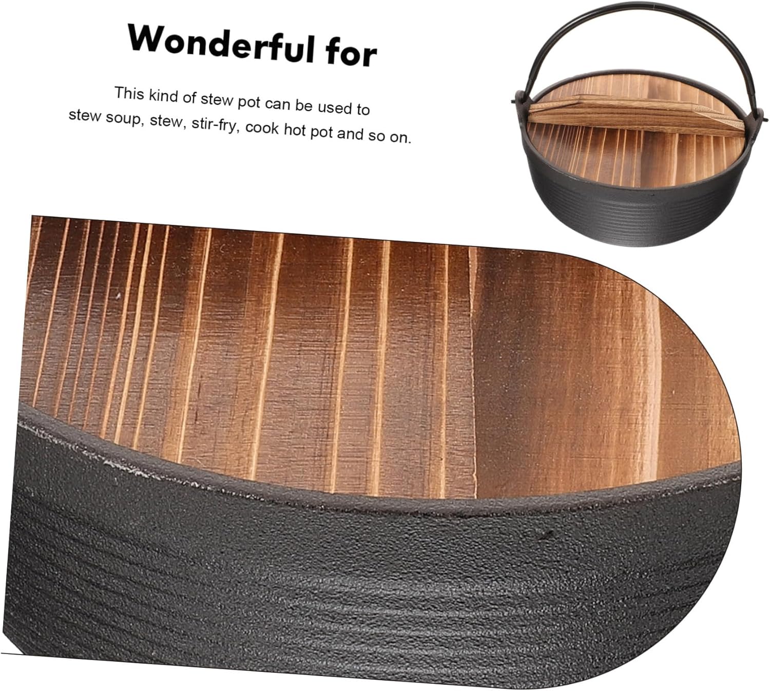 Lidded Iron Cooking Pot Japanese-Style Nonstick Soup Pot for Camping and Outdoor Cooking Durable Cast Iron Design with Wooden Cover for Stewing and Picnics