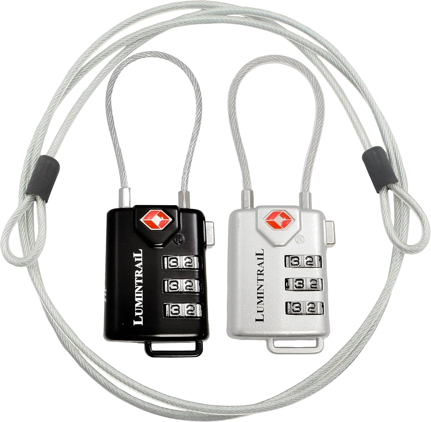 Lumintrail TSA Approved Luggage Locks with 4 Foot Steel Cables Lumintrail Combination Travel Security Lock, 2 Pack (Black and Silver)