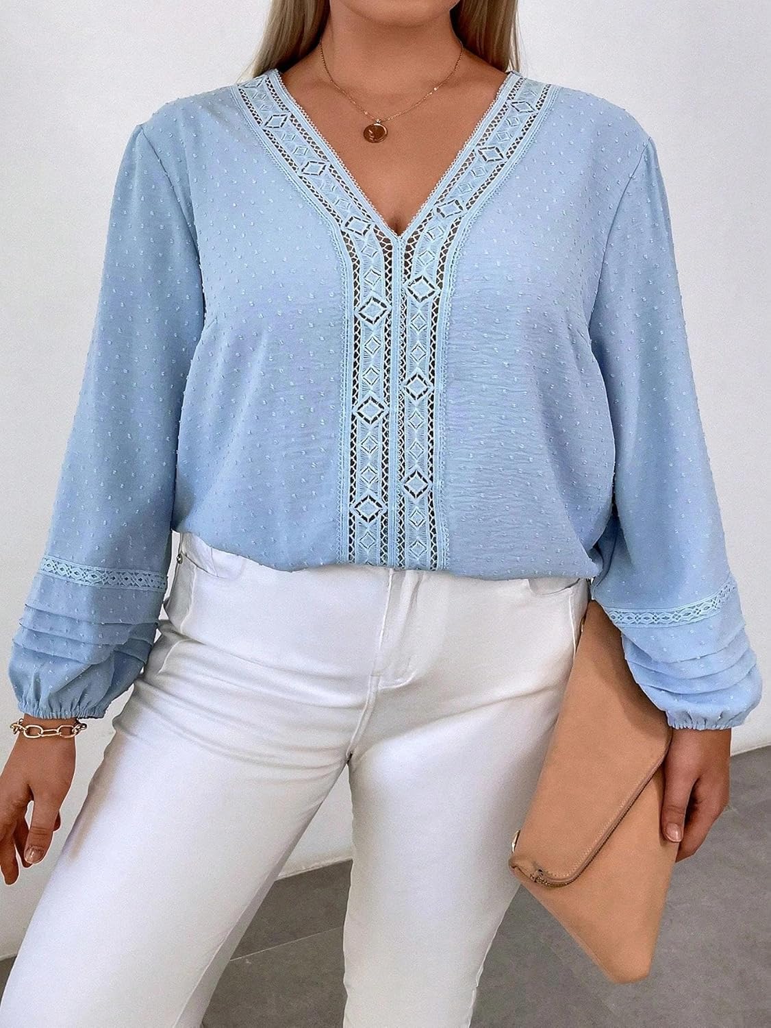 Boho Long Sleeve Blouse for Women, Plus Size Mesh Swiss Dot Tops V Neck Loose Fit Fall Shirts Dressy Casual Blouses - Image 5
