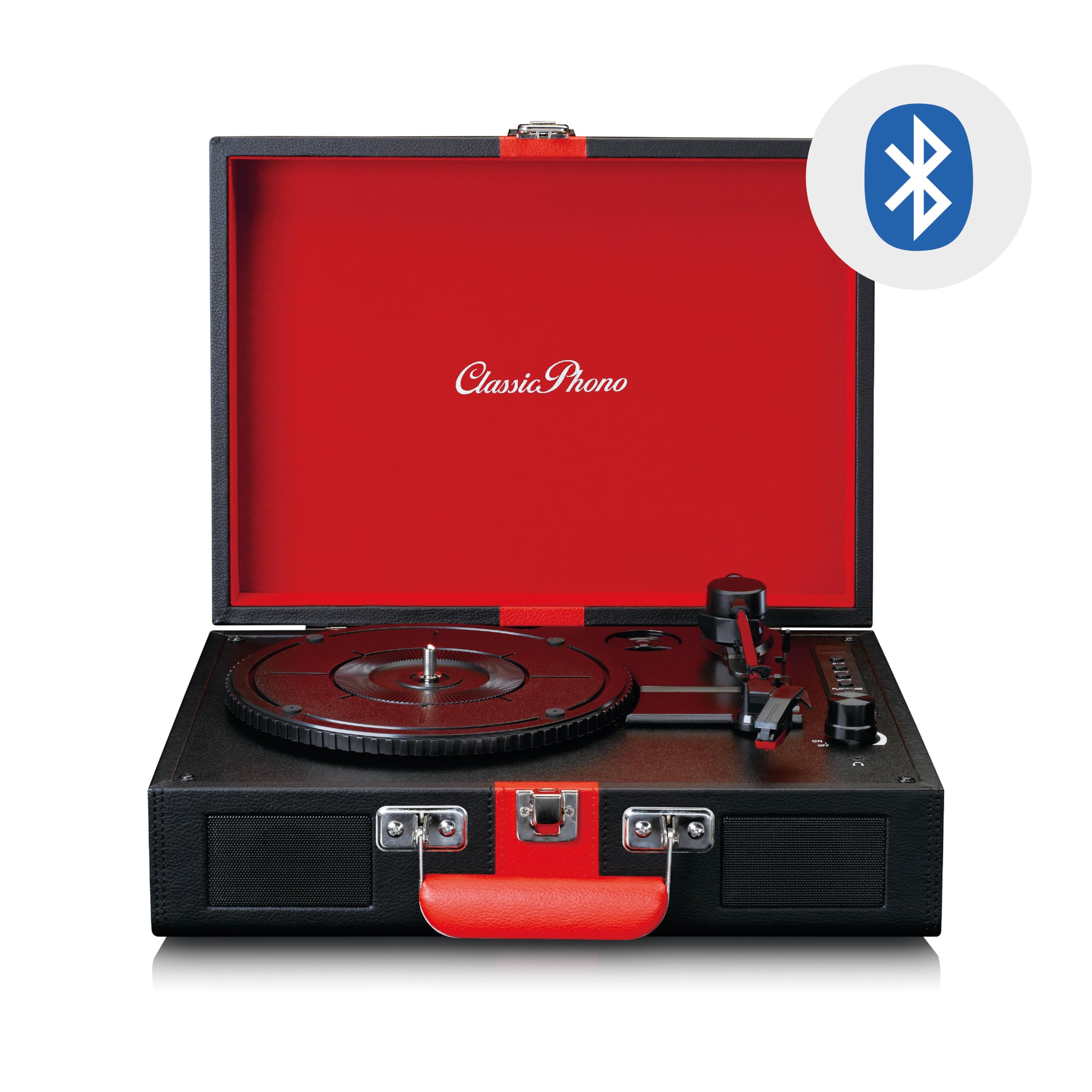 Lenco 810095 giradischi classic phono by tt-110 - giradischi - 33, 45 e 78 giri/min - bluetooth - trasmissione a cinghia - 2 altoparlanti - ingresso aux-in, uscita rca, 3,5 mm - nero/rosso