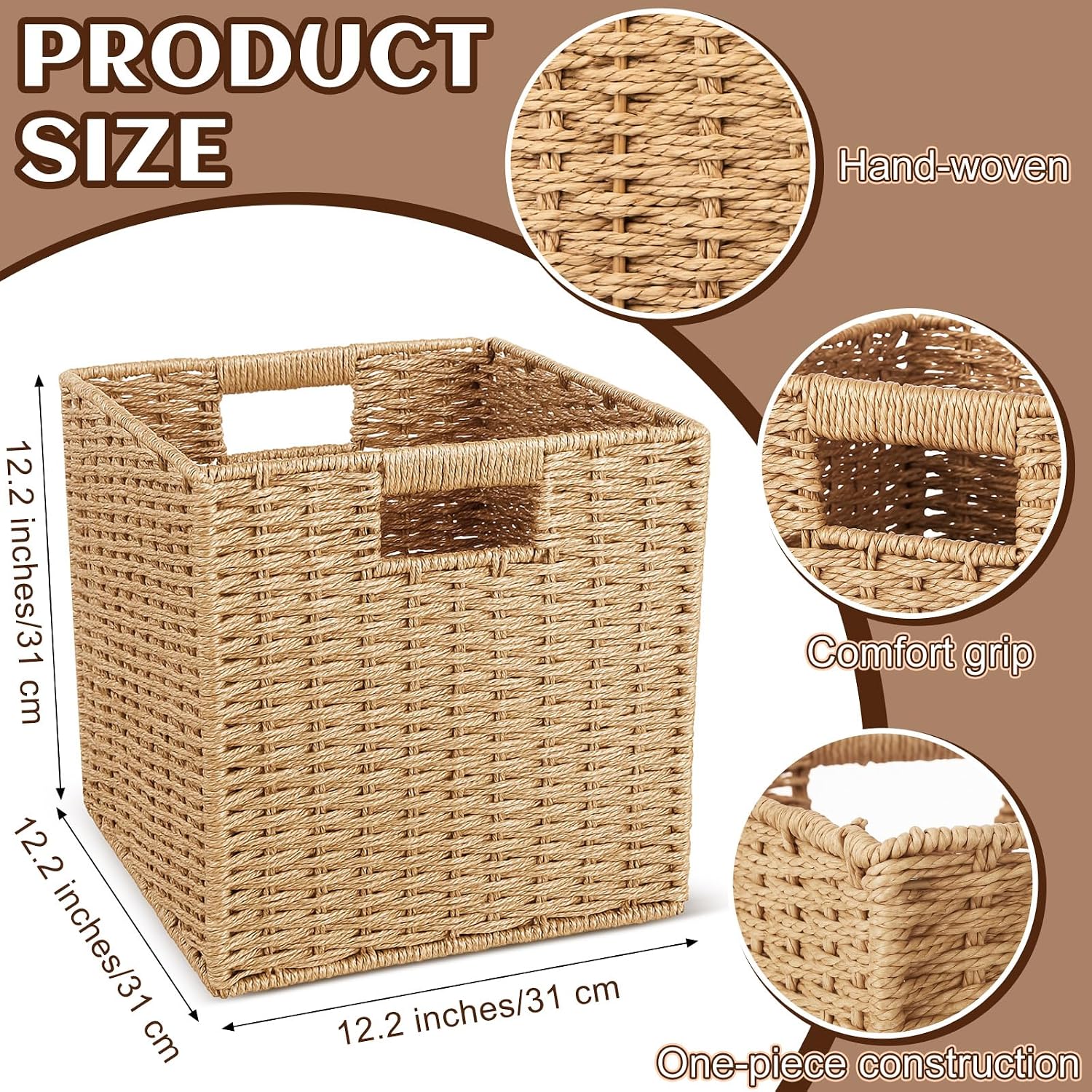 Newtay 6 Pcs Wicker Storage Baskets 12.2 x 12.2in Cube Storage Bin Organizer Camel Square Foldable Wicker Baskets for Shelves Organizing Decor Laundry Pantry Toys