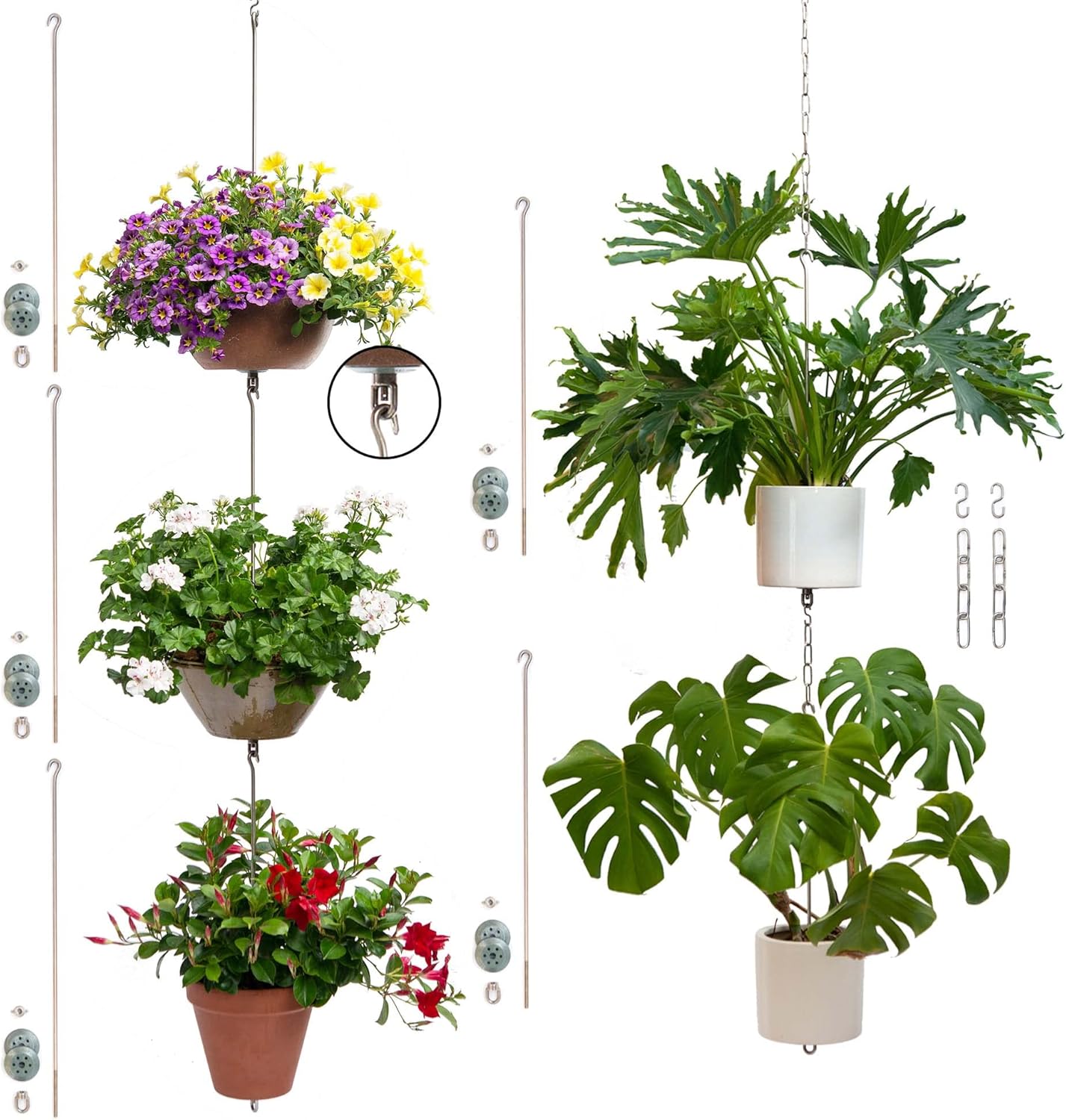 24-inch Pot Hangers (2 Kits) + Grow Chains (1 Set) - Hang and Connect Large Clay Pots w/Drainage for Healthy Plants, Hanging Planter Vertical Garden, Indoor/Outdoor, Stainless Steel
